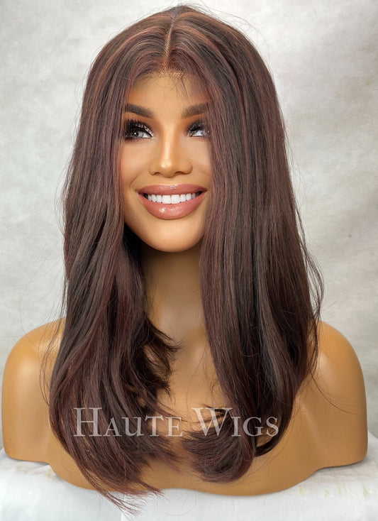 16 Inch Brown Balayage Bob Wig: Layered Lace Front Human Hair Blend