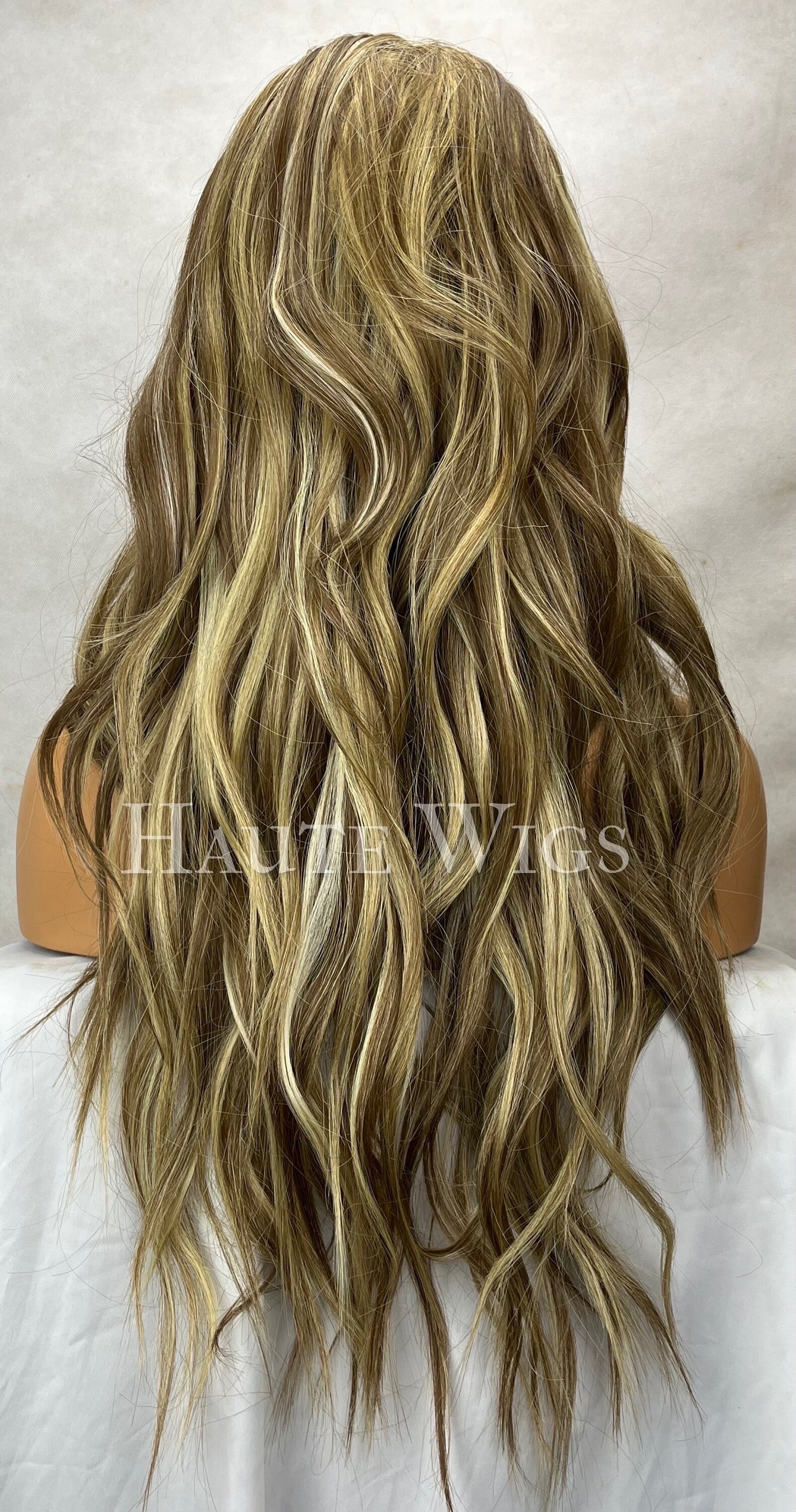 26" highlights brown with  blonde Ombre Wig: Long Wavy Lace Front Wig side parting
