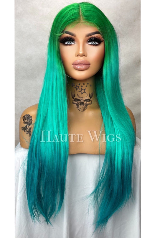 28" Ombre Wig: Neon Green, Teal & Turquoise Human Hair Blend Lace Front