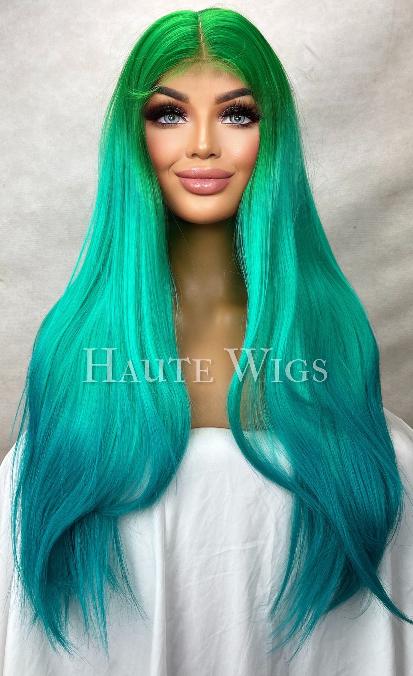28" Ombre Wig: Neon Green, Teal & Turquoise Human Hair Blend Lace Front