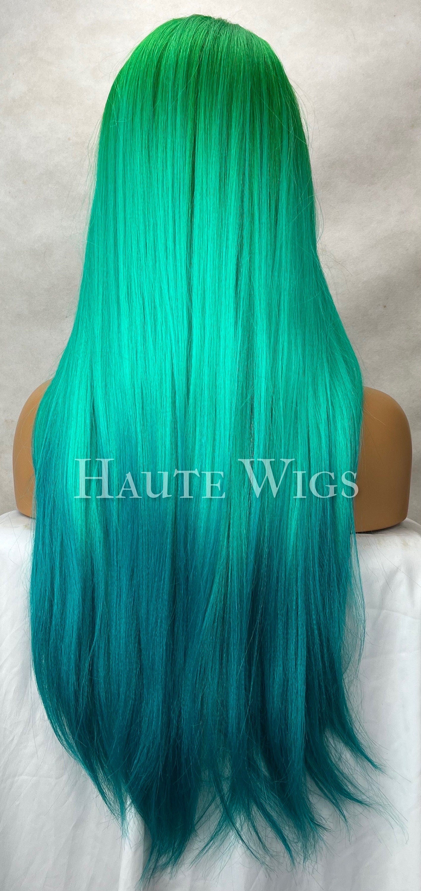 28" Ombre Wig: Neon Green, Teal & Turquoise Human Hair Blend Lace Front