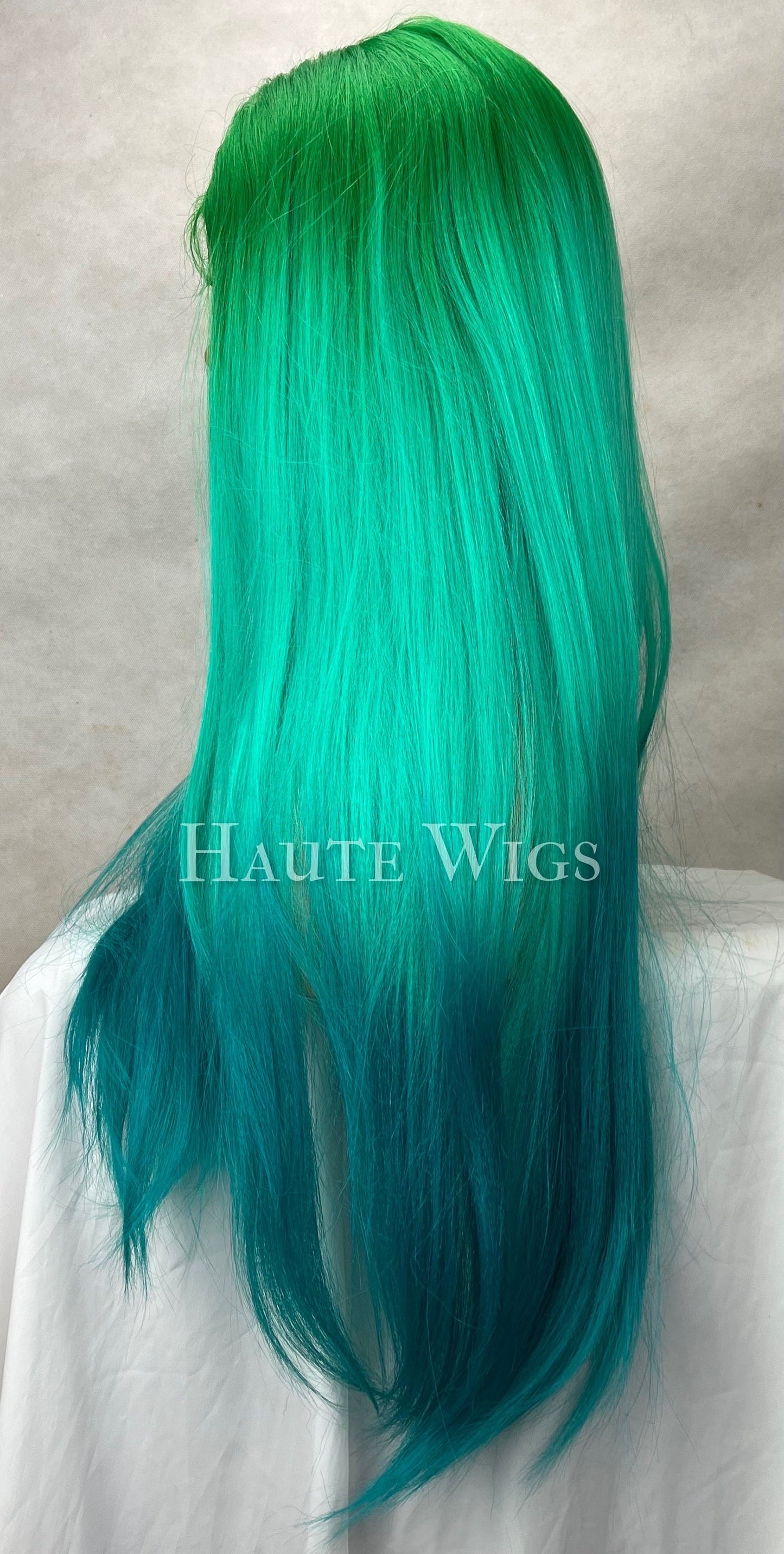 28" Ombre Wig: Neon Green, Teal & Turquoise Human Hair Blend Lace Front