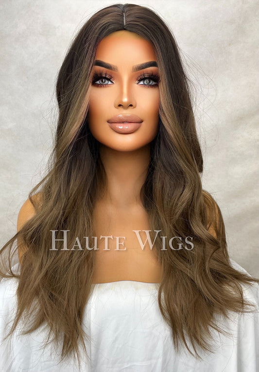 Long Golden Brown Wavy Wig: Layered Ombré Brunette, No Lace Front