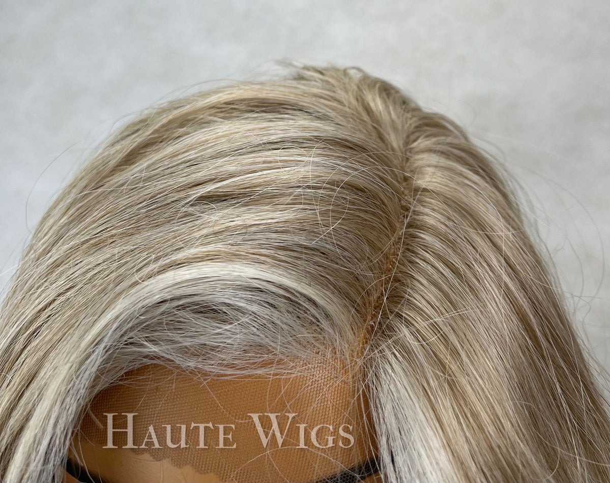 Ash Blonde Balayage Wig: 28 Inch Wavy Lace Front Wig