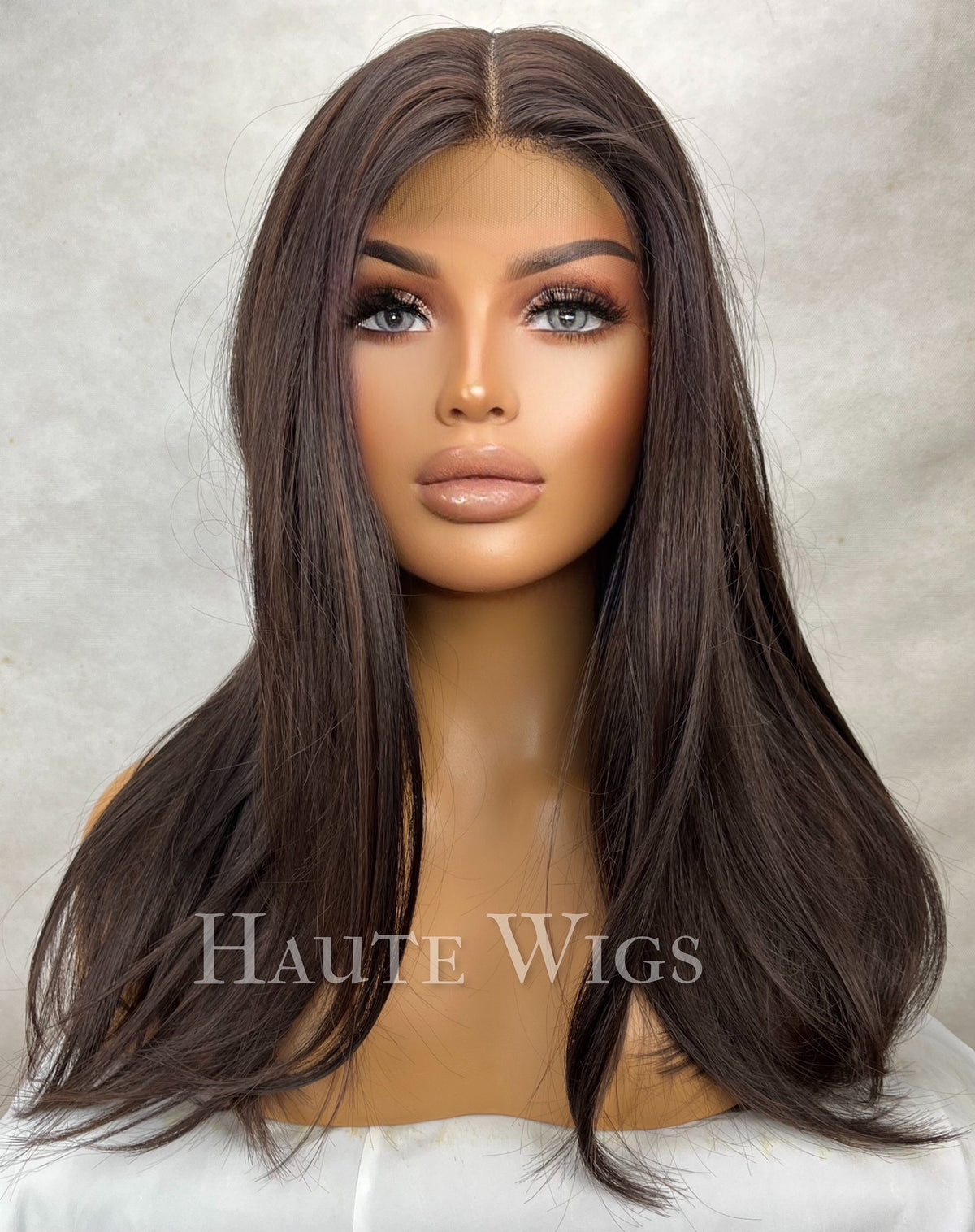 Long Layered Brown Wig: Golden Highlights, T-Part Lace Front, 20 Inch