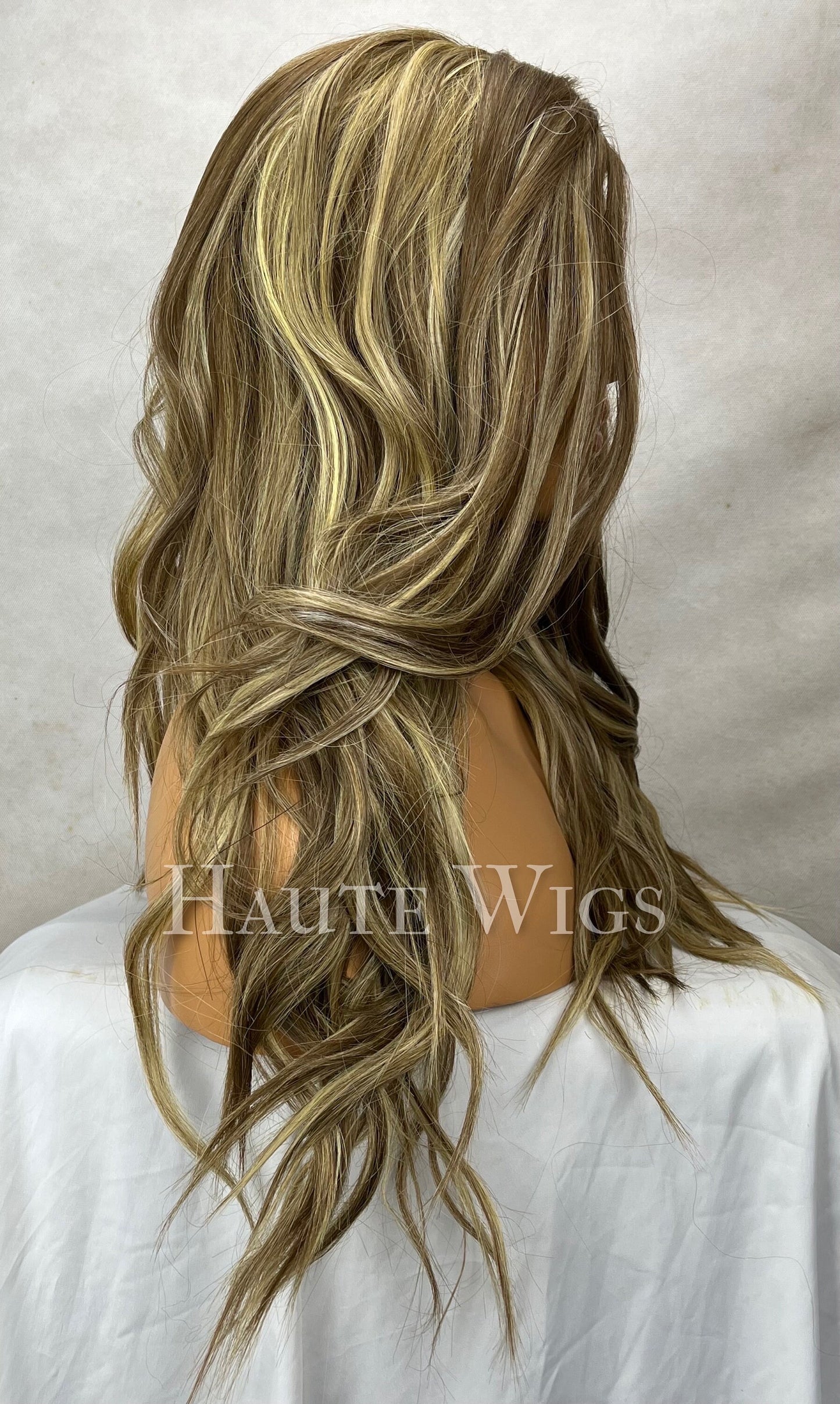 26" highlights brown with  blonde Ombre Wig: Long Wavy Lace Front Wig side parting