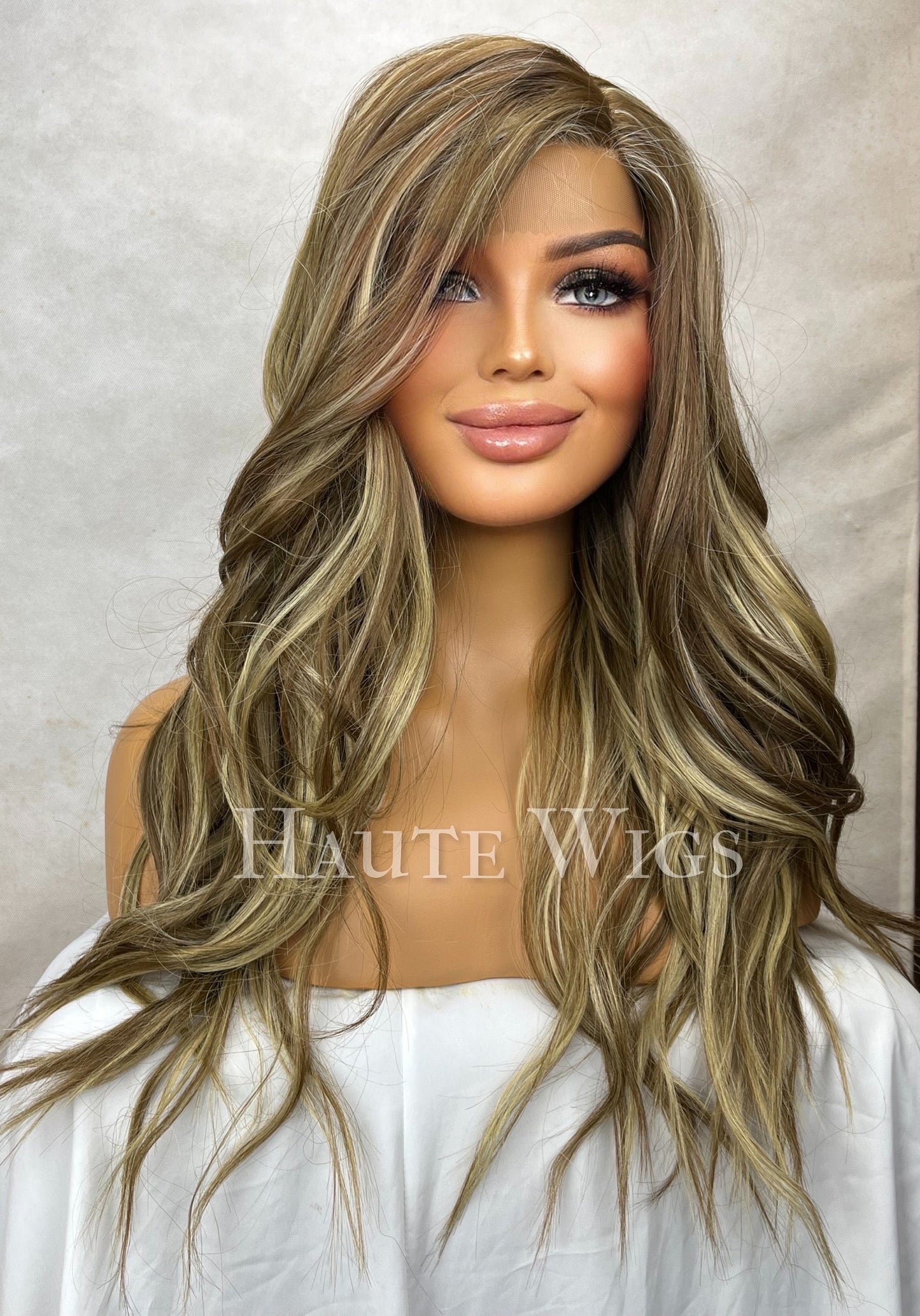 26" highlights brown with  blonde Ombre Wig: Long Wavy Lace Front Wig side parting