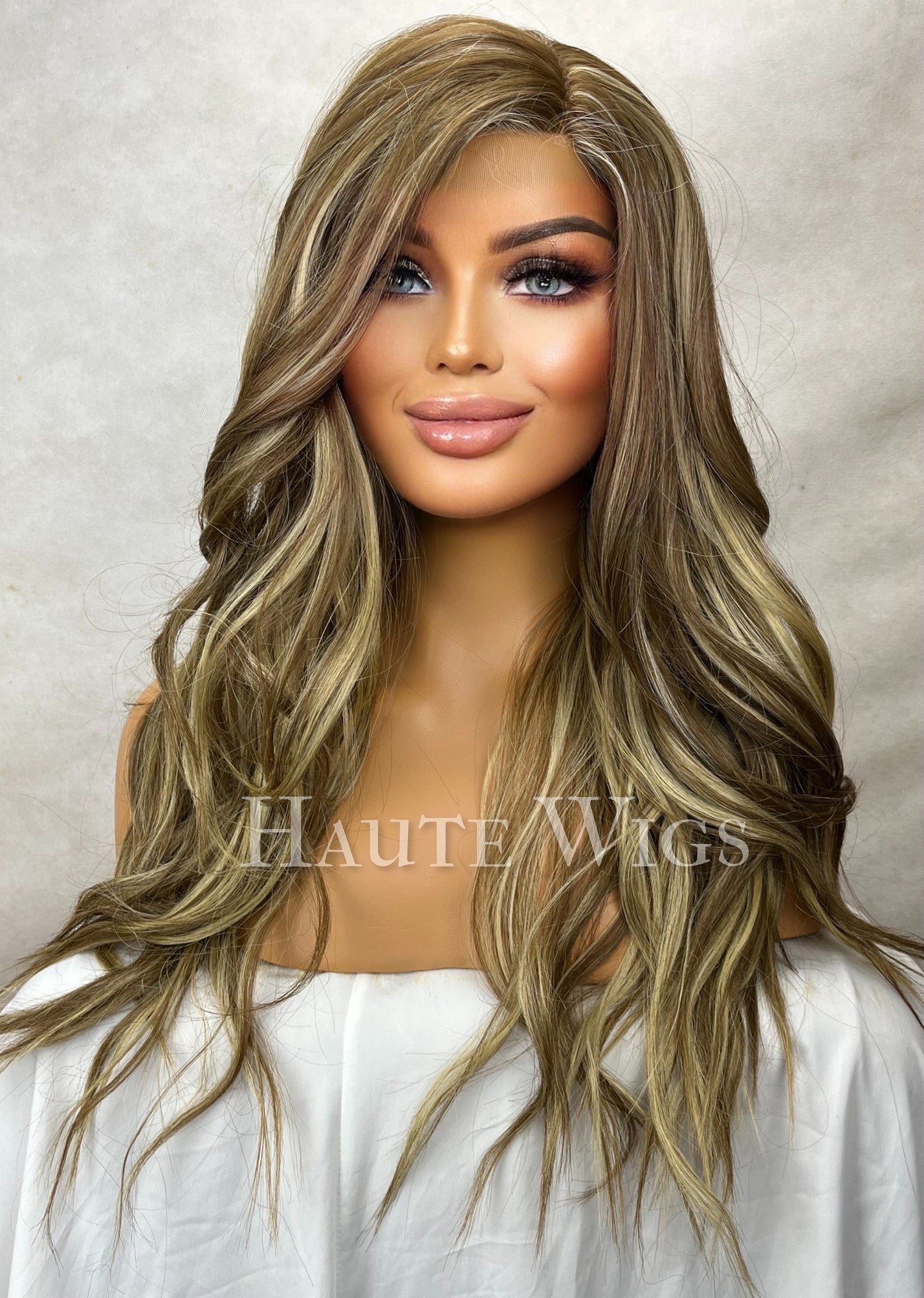 26" highlights brown with  blonde Ombre Wig: Long Wavy Lace Front Wig side parting