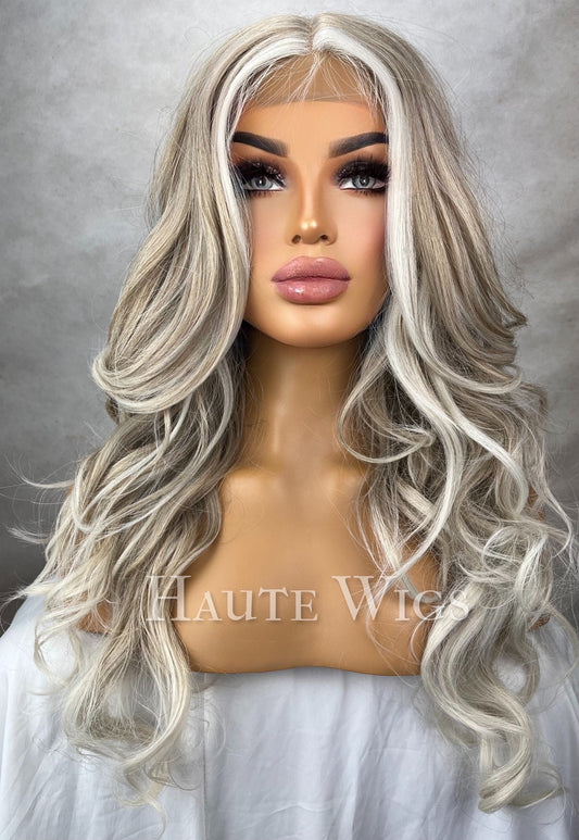 Iced blonde - Wavy Money Piece ash blonde Wig white Highlights Hair Lace Front Straight layered Streaks Human Hair Blends