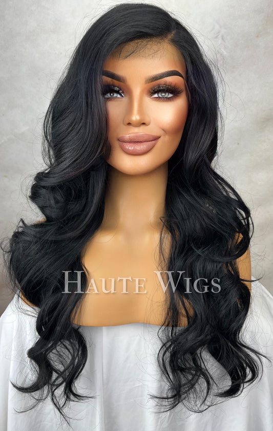 24 Inch Black Wavy Wig: Layered Human Hair Lace Front Wig