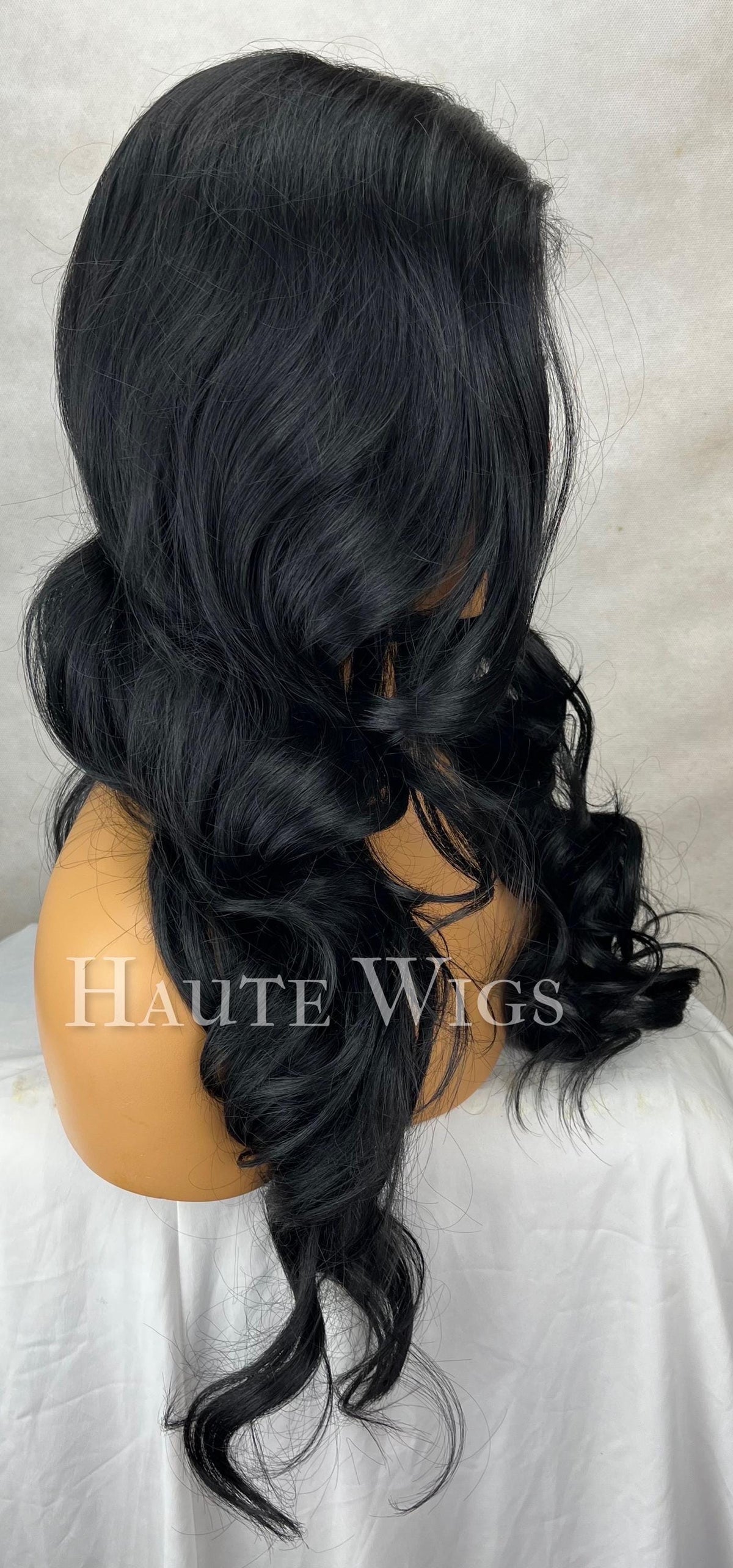 24 Inch Black Wavy Wig: Layered Human Hair Lace Front Wig