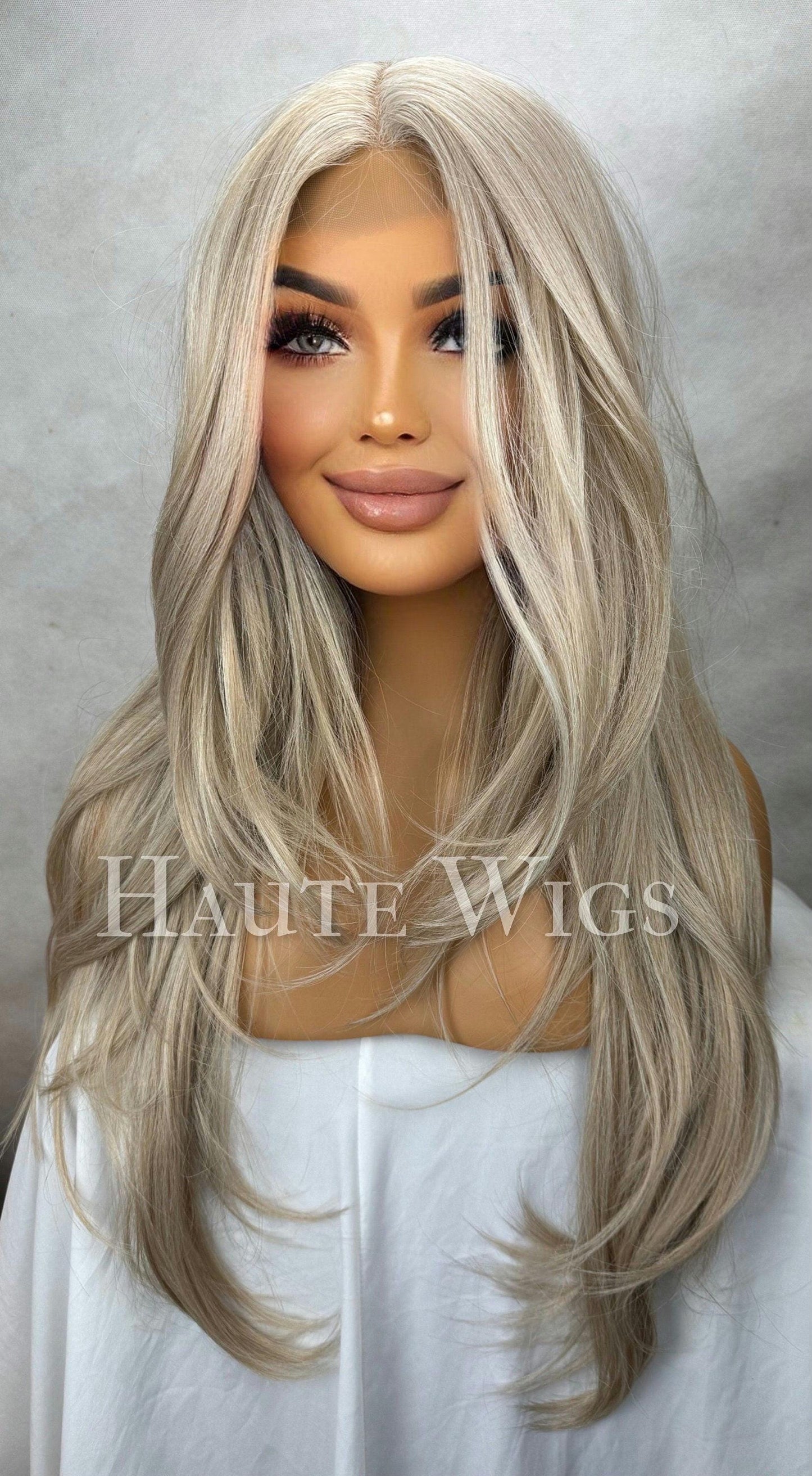 Glory: 26" Layered Ash Blonde Wig, Lace Front, Human Hair Blend