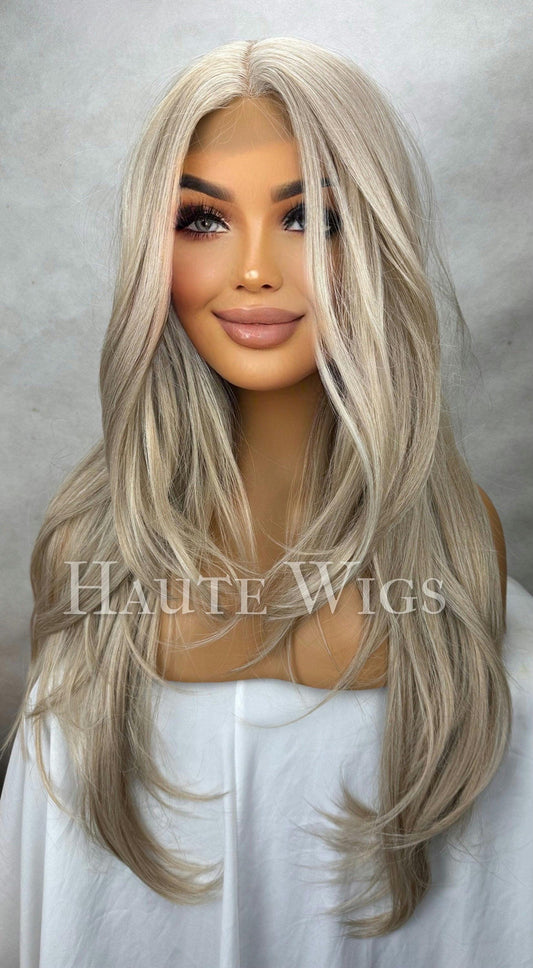 Glory: 26" Layered Ash Blonde Wig, Lace Front, Human Hair Blend