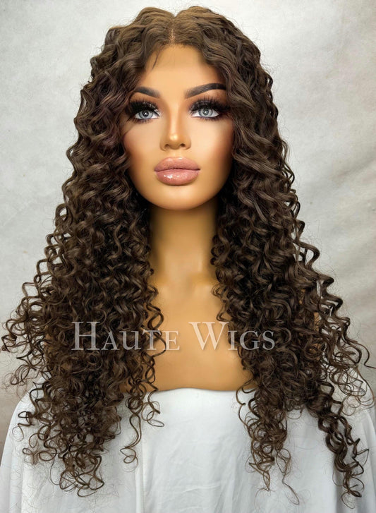Brunette Curly Lace Front Wig: Brown Human Hair Blend