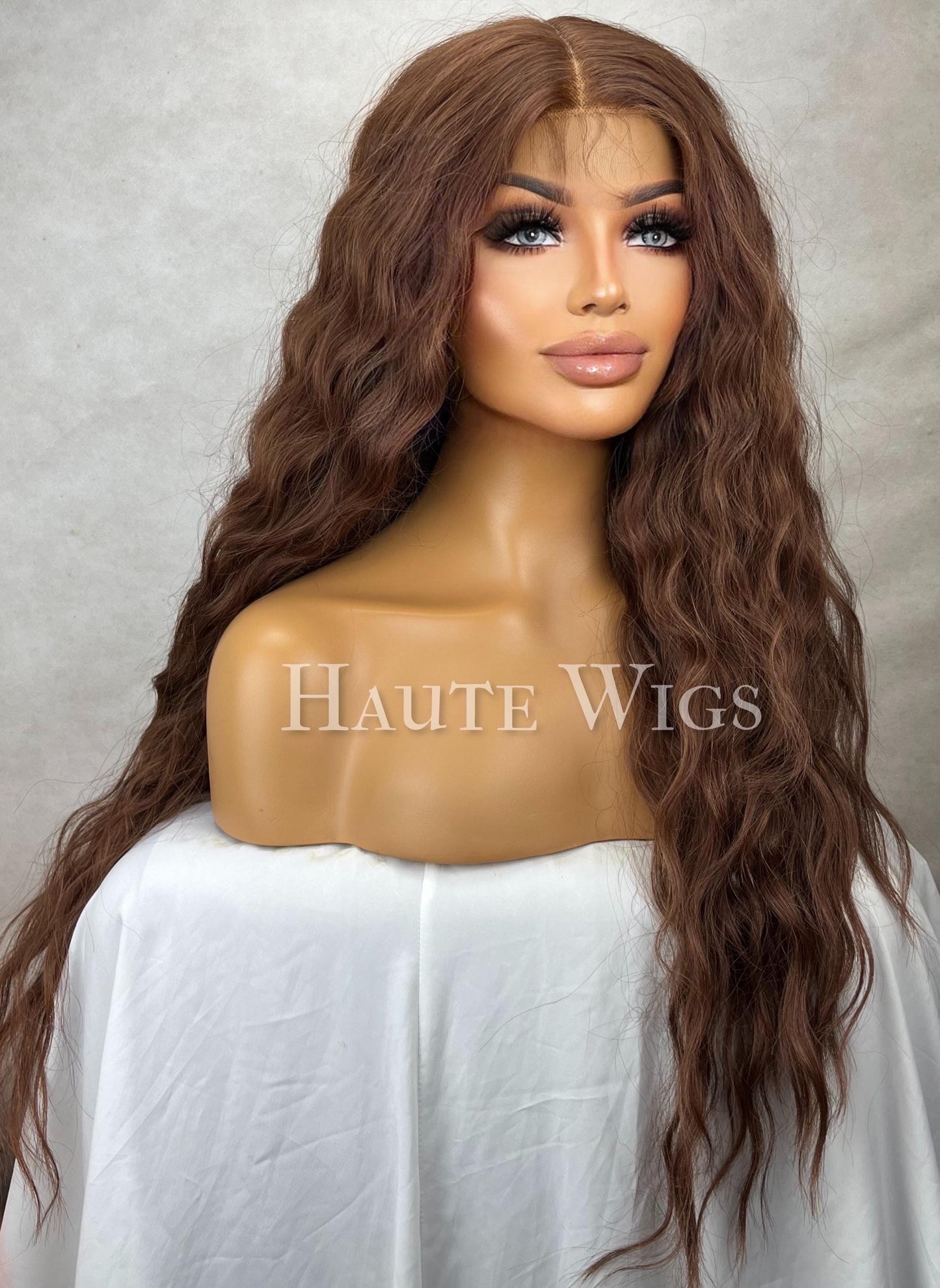 28 Inch Wavy Brown Wig: Lace Front Human Hair Blend