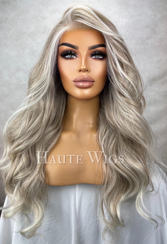 Iced Ash Blonde Wig: Wavy Lace Front Wig with Money Piece Highlights