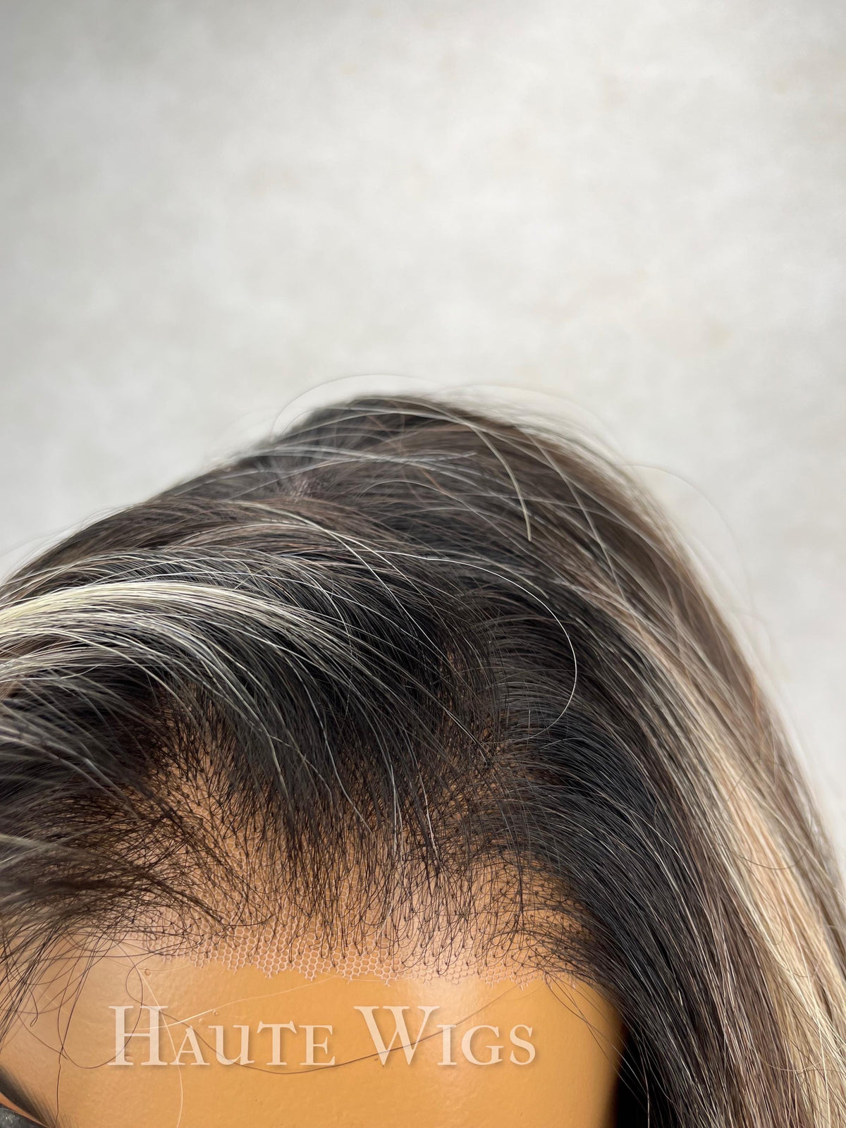 26" Brunette Wig: Blonde Highlights, Lace Front, Human Hair Blend
