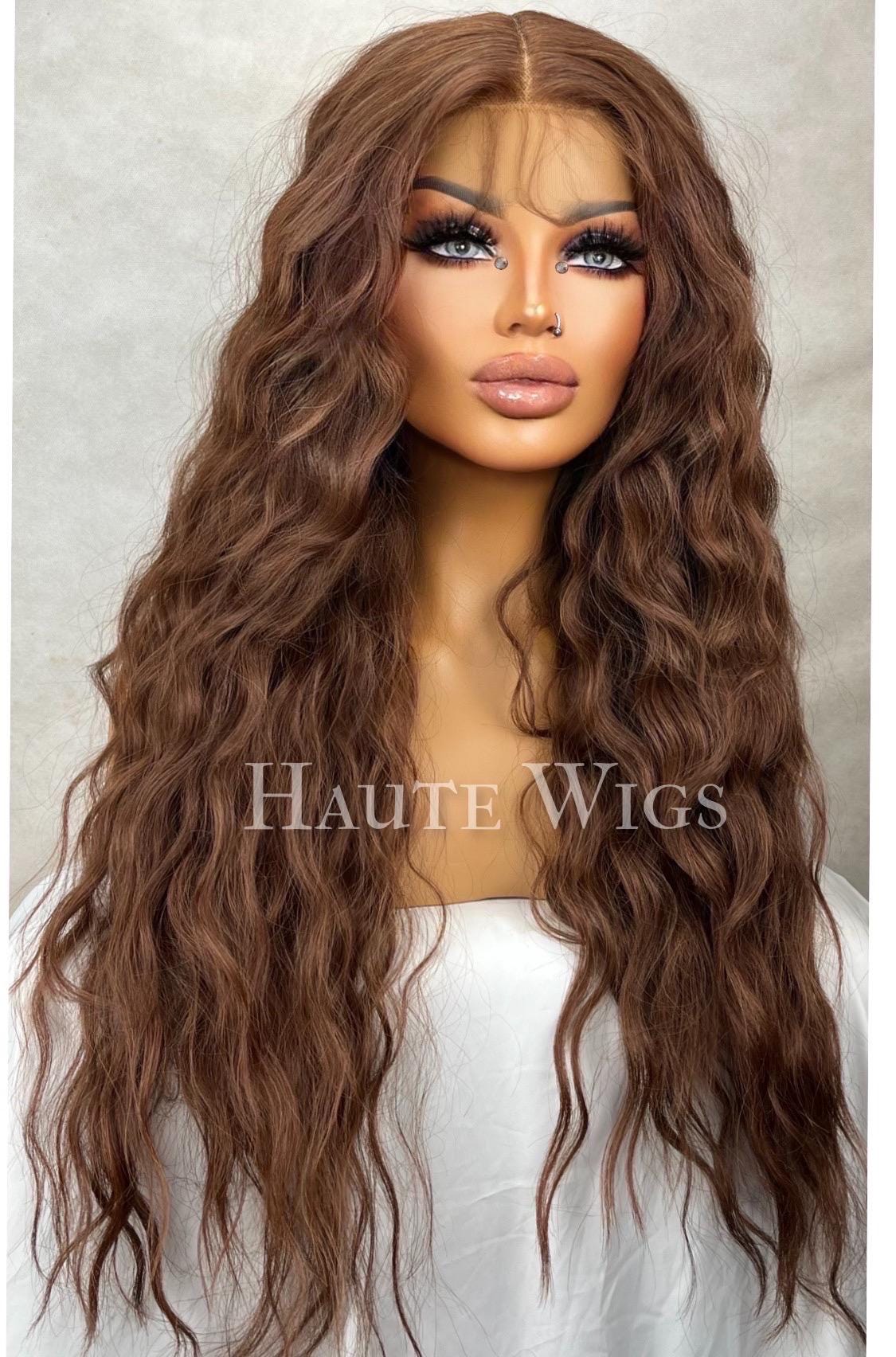 28 Inch Wavy Brown Wig: Lace Front Human Hair Blend