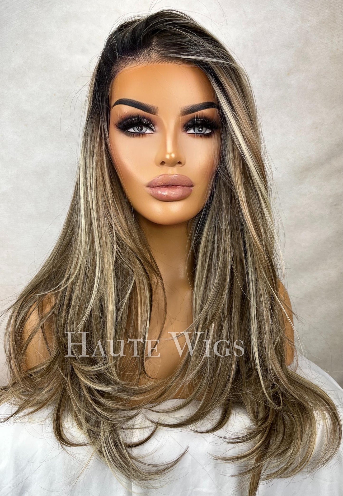 FREE PART SEXY Lace Front Wig: Brunette Brown with Ash Blonde Highlights