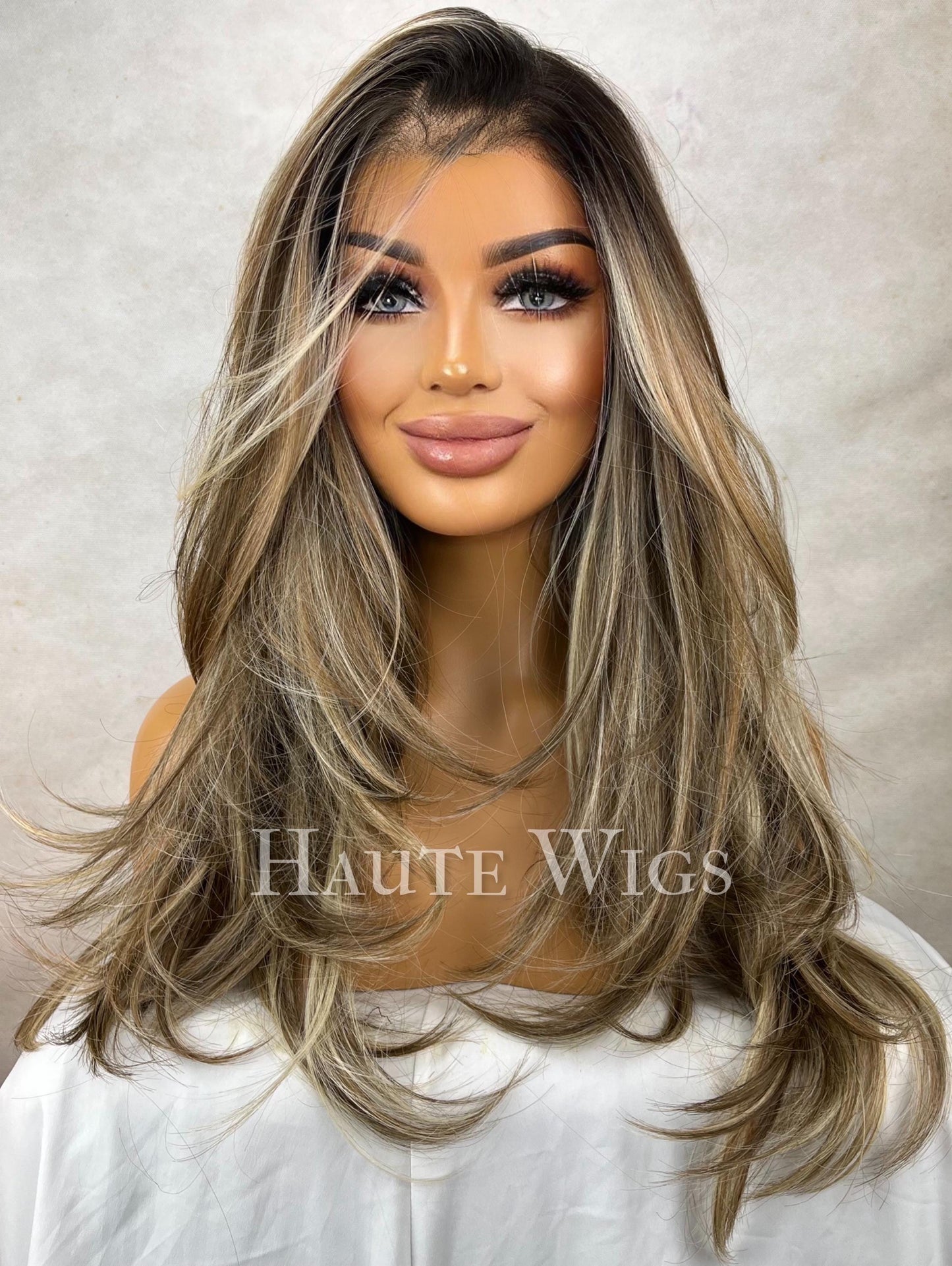 FREE PART SEXY Lace Front Wig: Brunette Brown with Ash Blonde Highlights