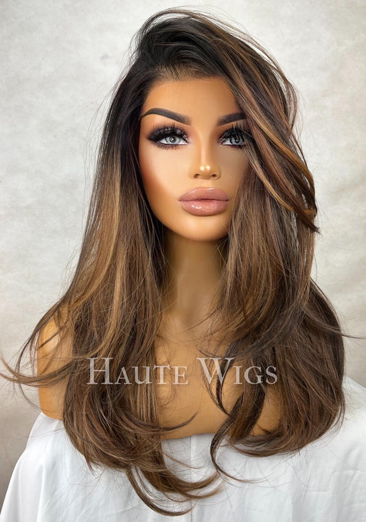 Free part 22 Inch Brown Wig: Human Hair Blend, Lace Front, Highlights