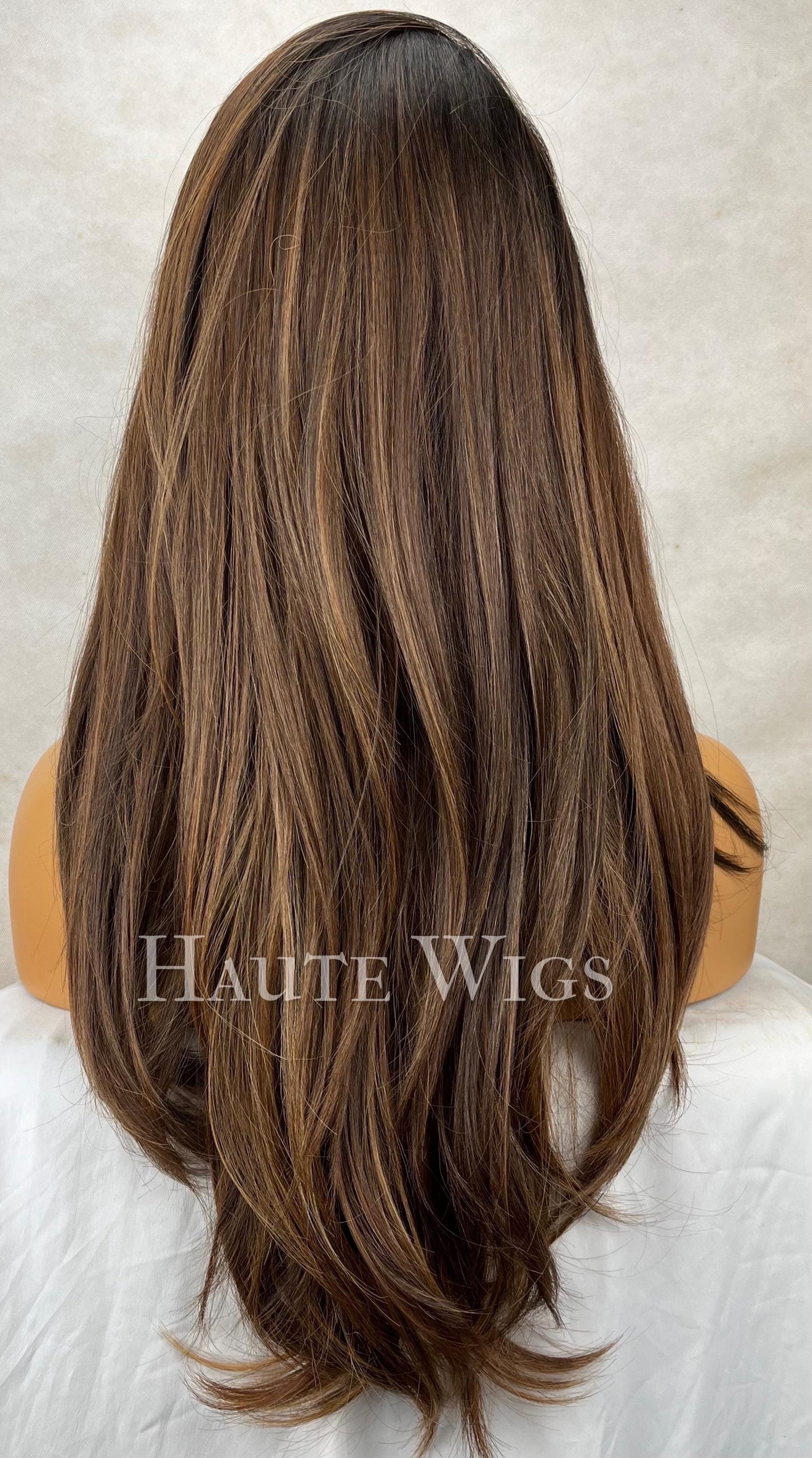 Free part 22 Inch Brown Wig: Human Hair Blend, Lace Front, Highlights