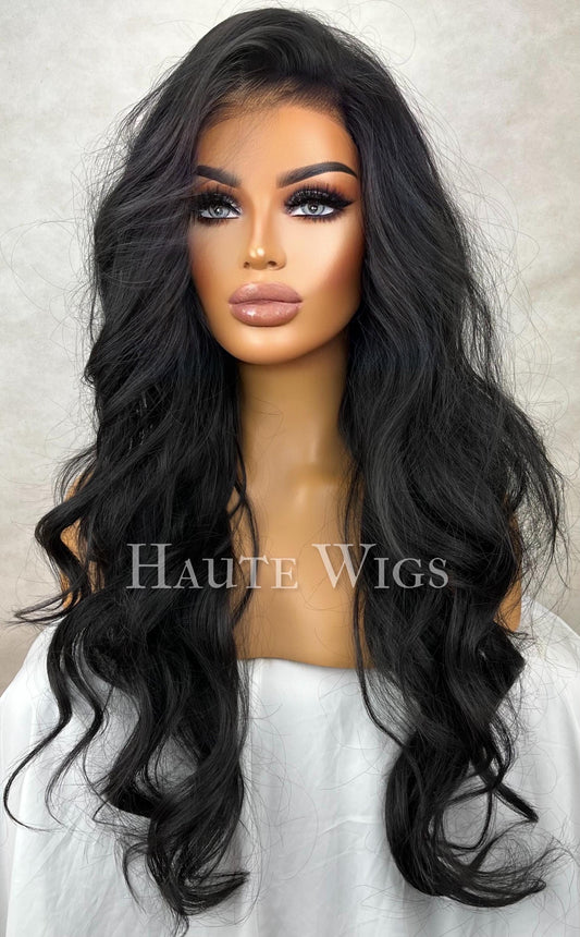 28 Inch Jet Black Curly Wavy Wig: Human Hair Blend, Swiss Lace Front