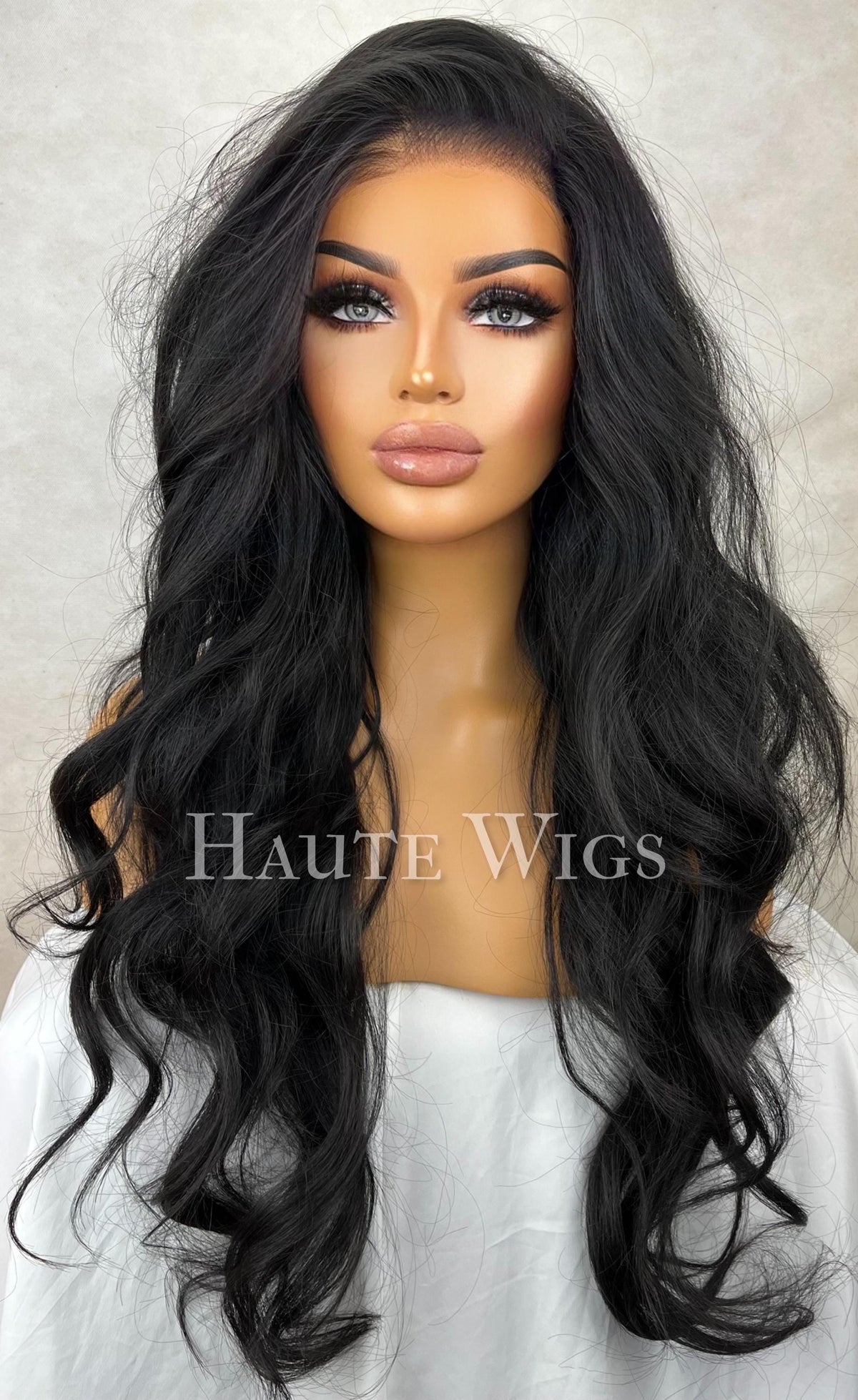 28 Inch Jet Black Curly Wavy Wig: Human Hair Blend, Swiss Lace Front