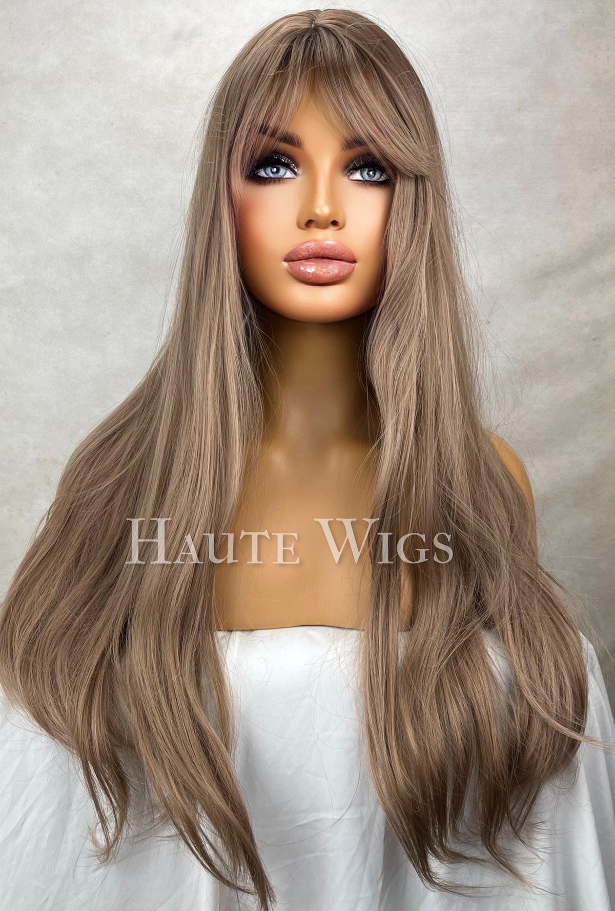 Light Brown Balayage Wig: 26 Inch Wavy Synthetic Hair with Bangs