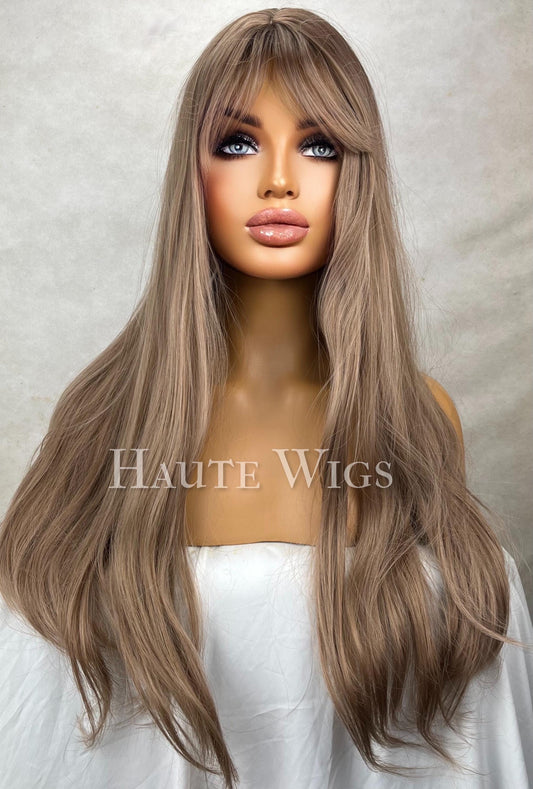 Light Brown Balayage Wig: 26 Inch Wavy Synthetic Hair with Bangs