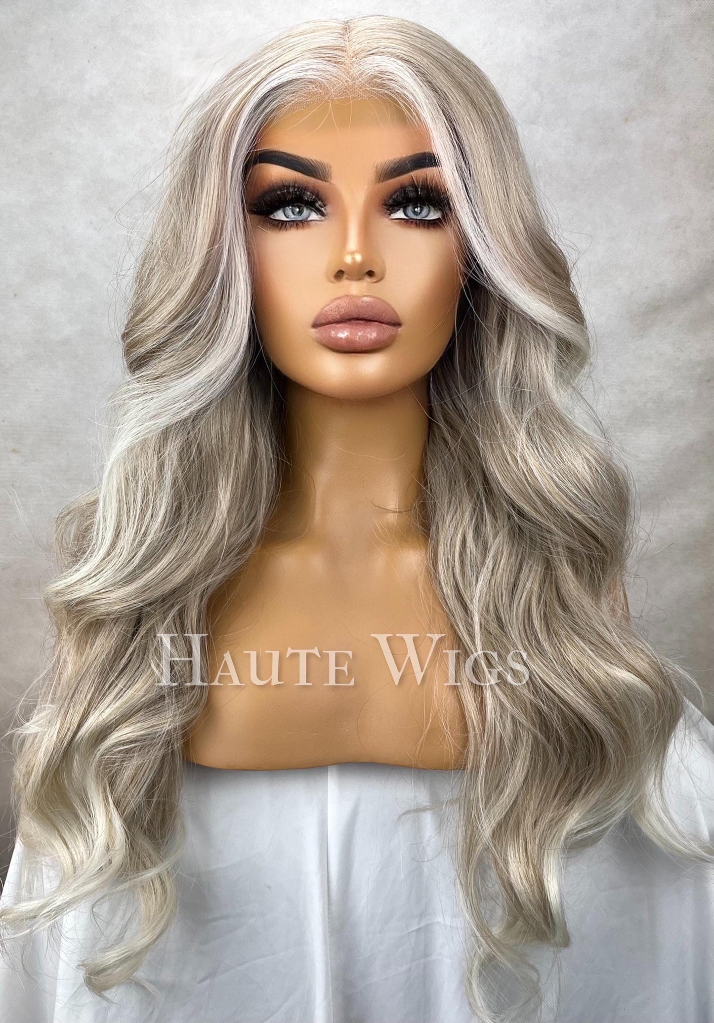 Iced Ash Blonde Wig: Wavy Lace Front Wig with Money Piece Highlights