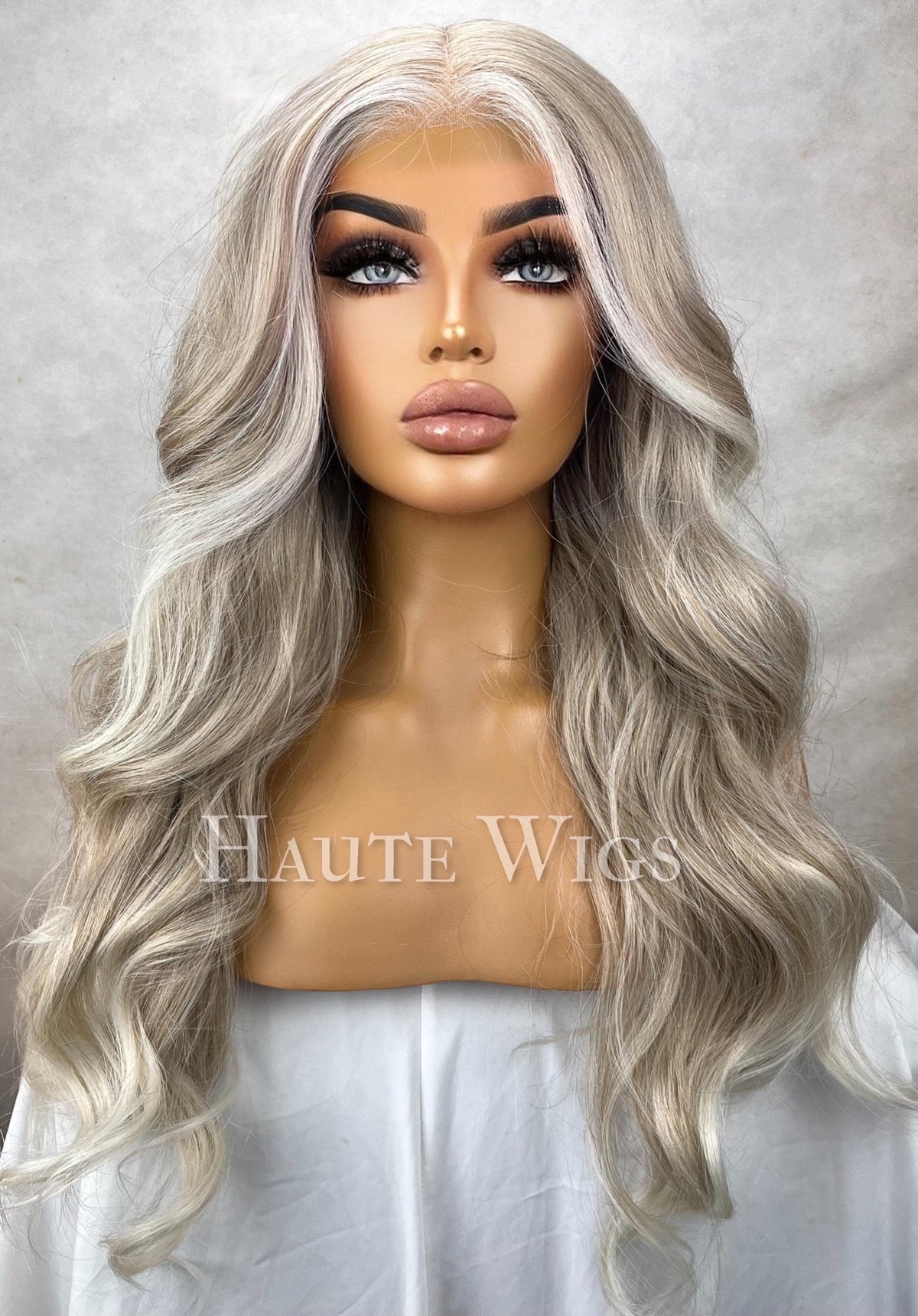 Iced Ash Blonde Wig: Wavy Lace Front Wig with Money Piece Highlights