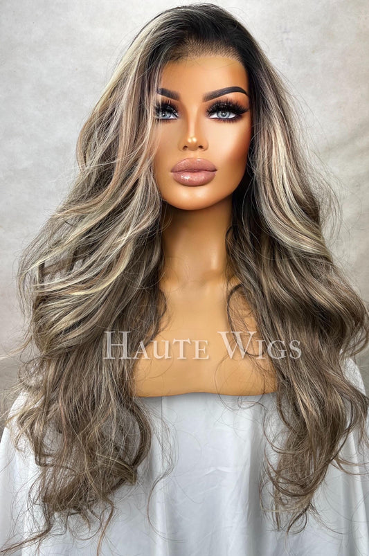 26" Brunette Wig: Blonde Highlights, Lace Front, Human Hair Blend