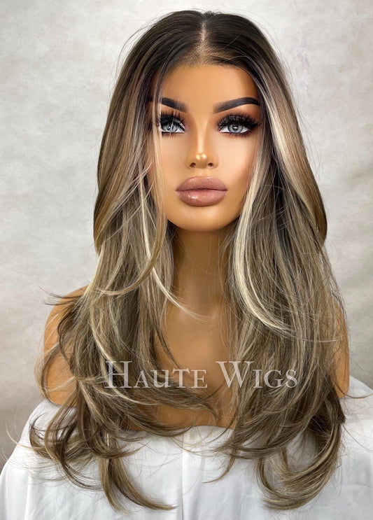 Lace Front Wig: Brunette Brown with Ash Blonde Highlights