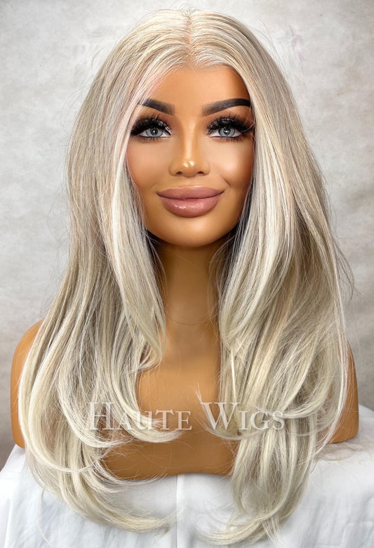 FREE PART Glorious Layered 22 inch Light COOL Tone Ash Blonde Wig No ombré Womens Long Wig Lace Front Realistic Straight Ladies Wig