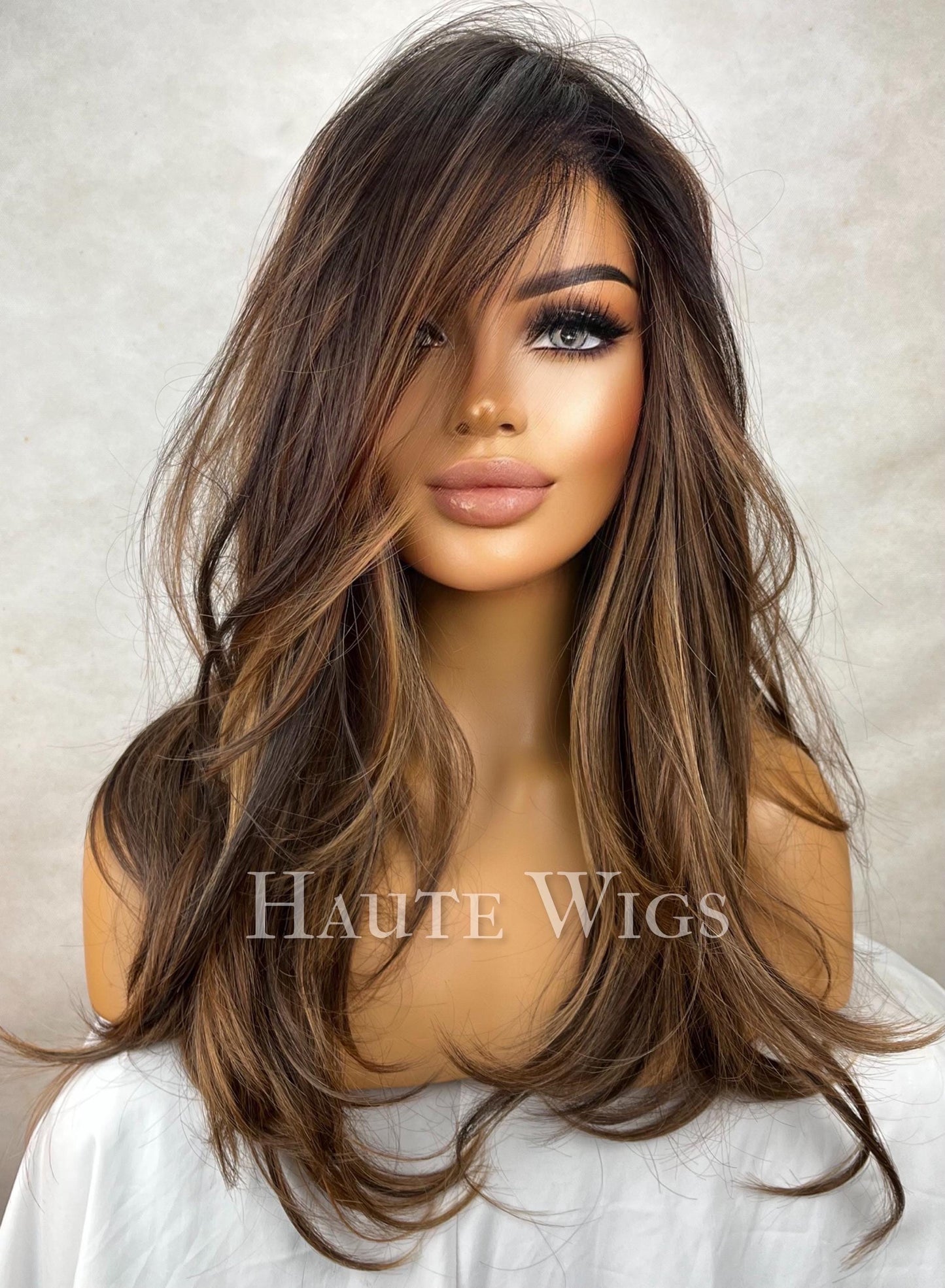 Free part 22 Inch Brown Wig: Human Hair Blend, Lace Front, Highlights