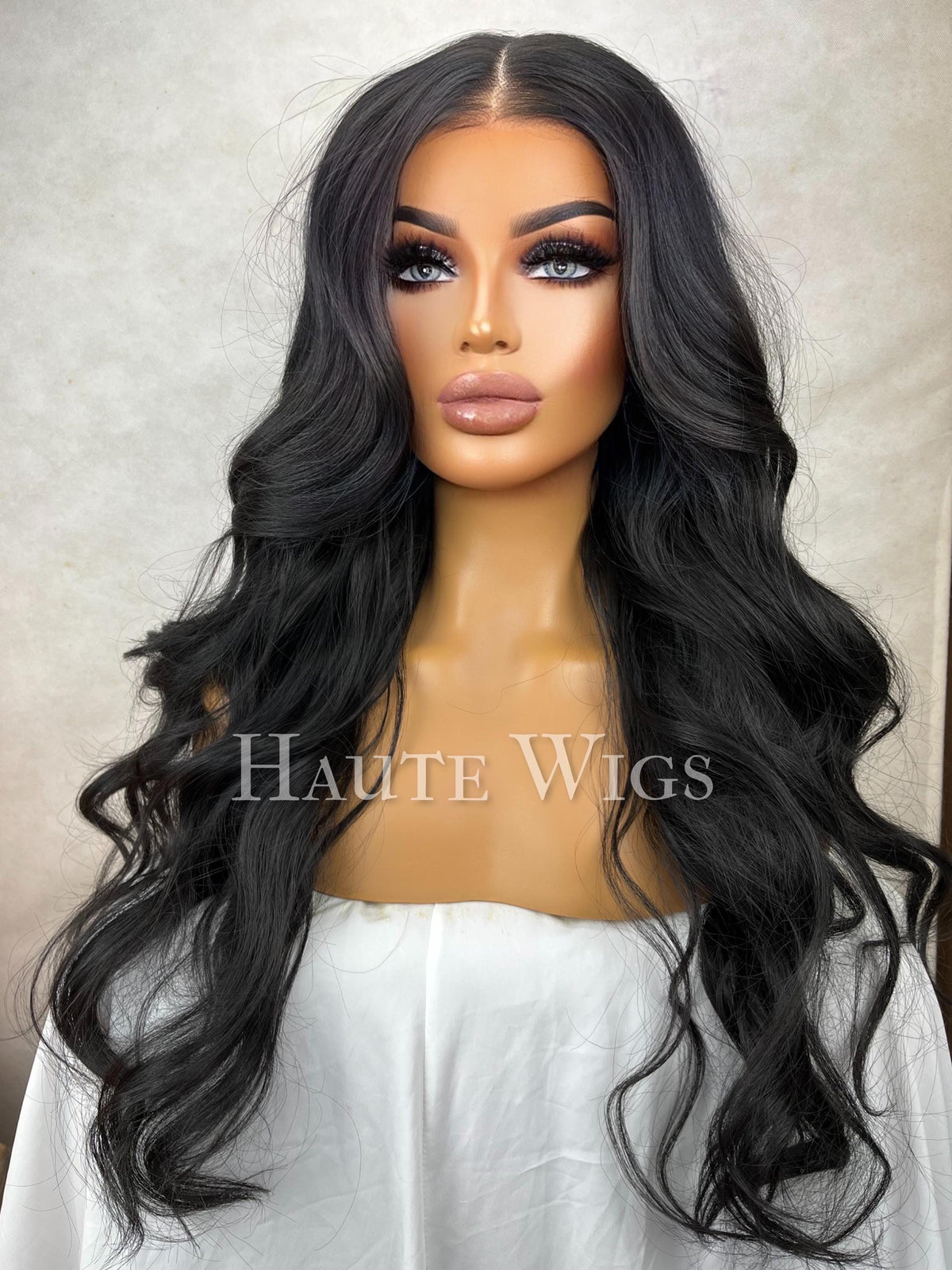 28 Inch Jet Black Curly Wavy Wig: Human Hair Blend, Swiss Lace Front