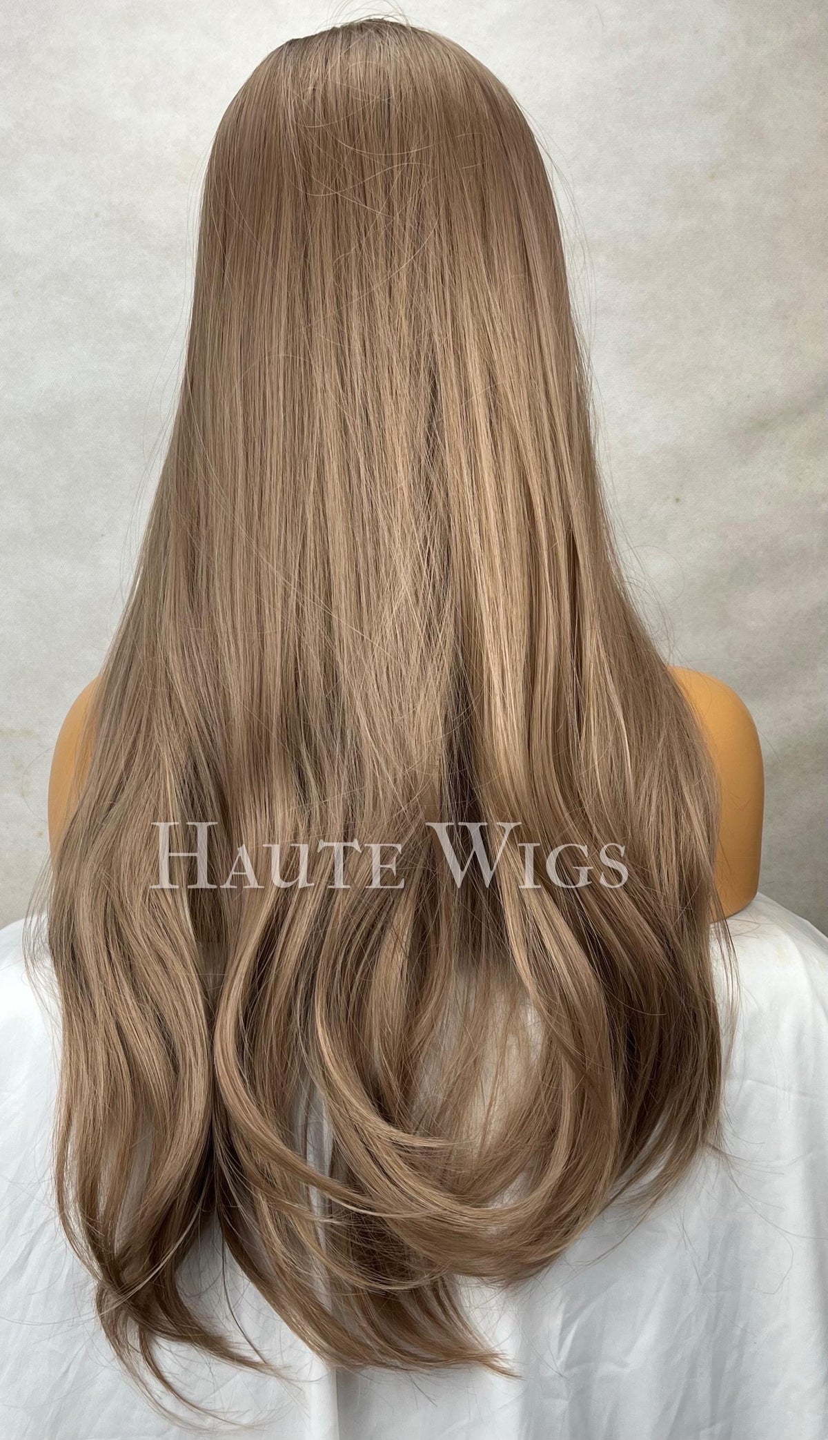 Light Brown Balayage Wig: 26 Inch Wavy Synthetic Hair with Bangs