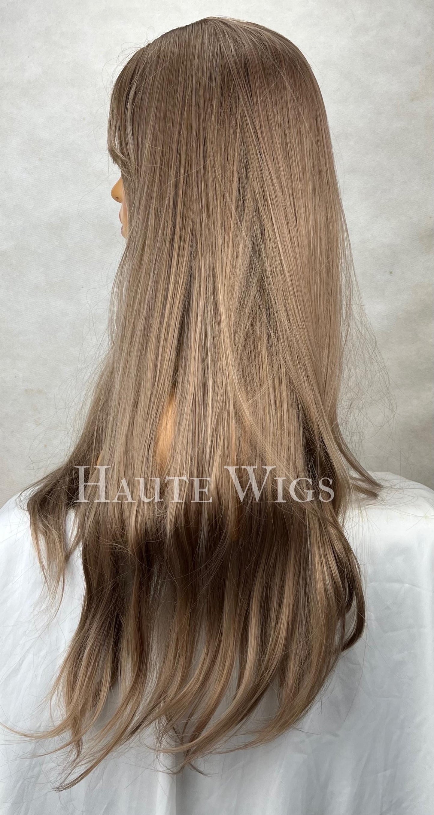 Light Brown Balayage Wig: 26 Inch Wavy Synthetic Hair with Bangs