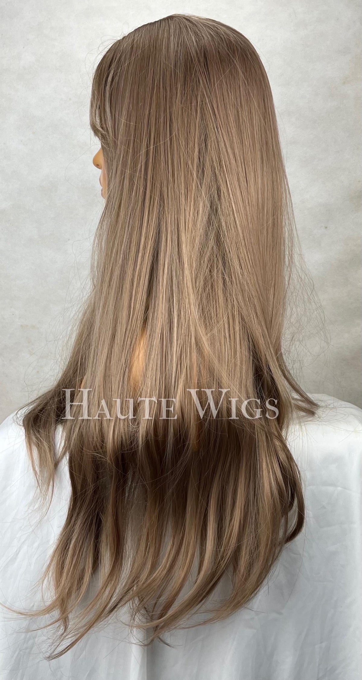Light Brown Balayage Wig: 26 Inch Wavy Synthetic Hair with Bangs
