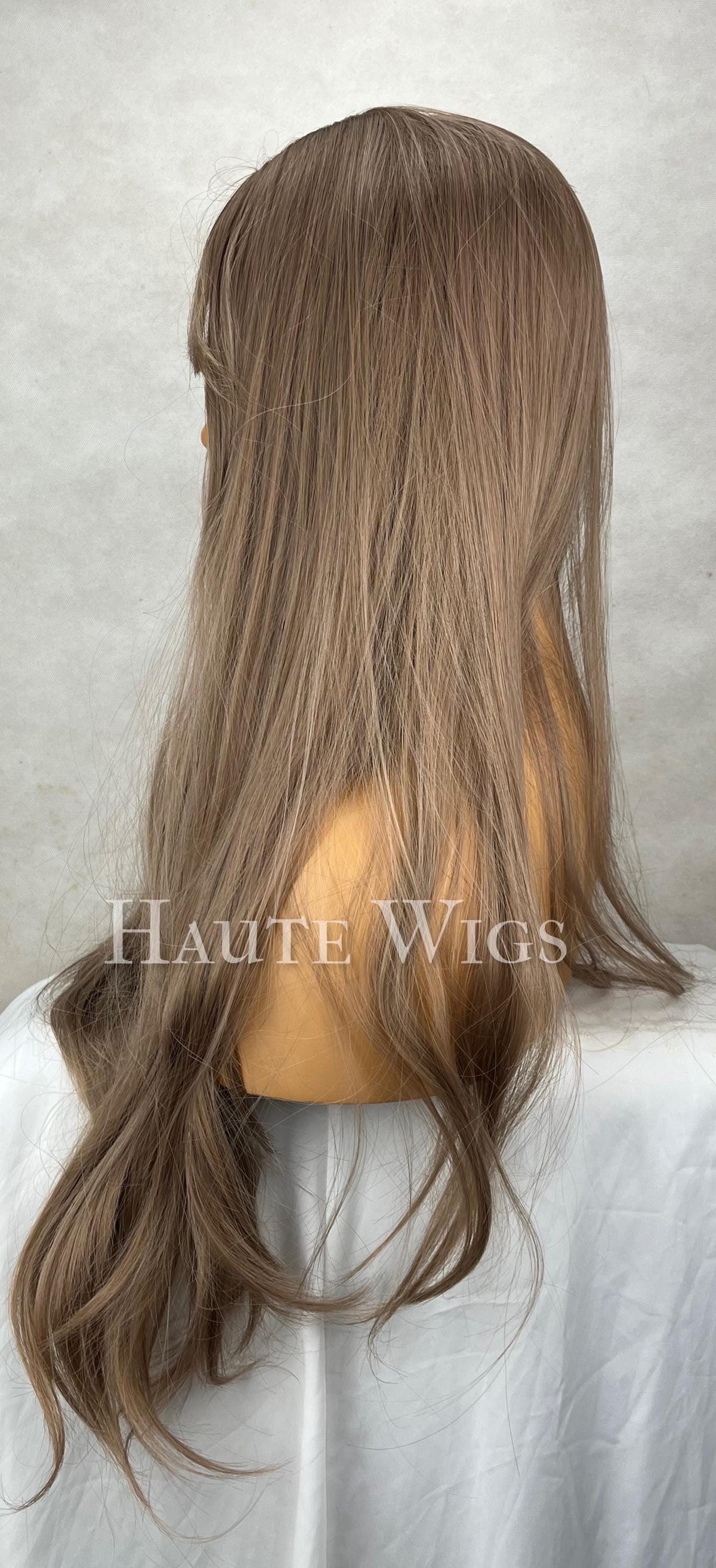 Light Brown Balayage Wig: 26 Inch Wavy Synthetic Hair with Bangs