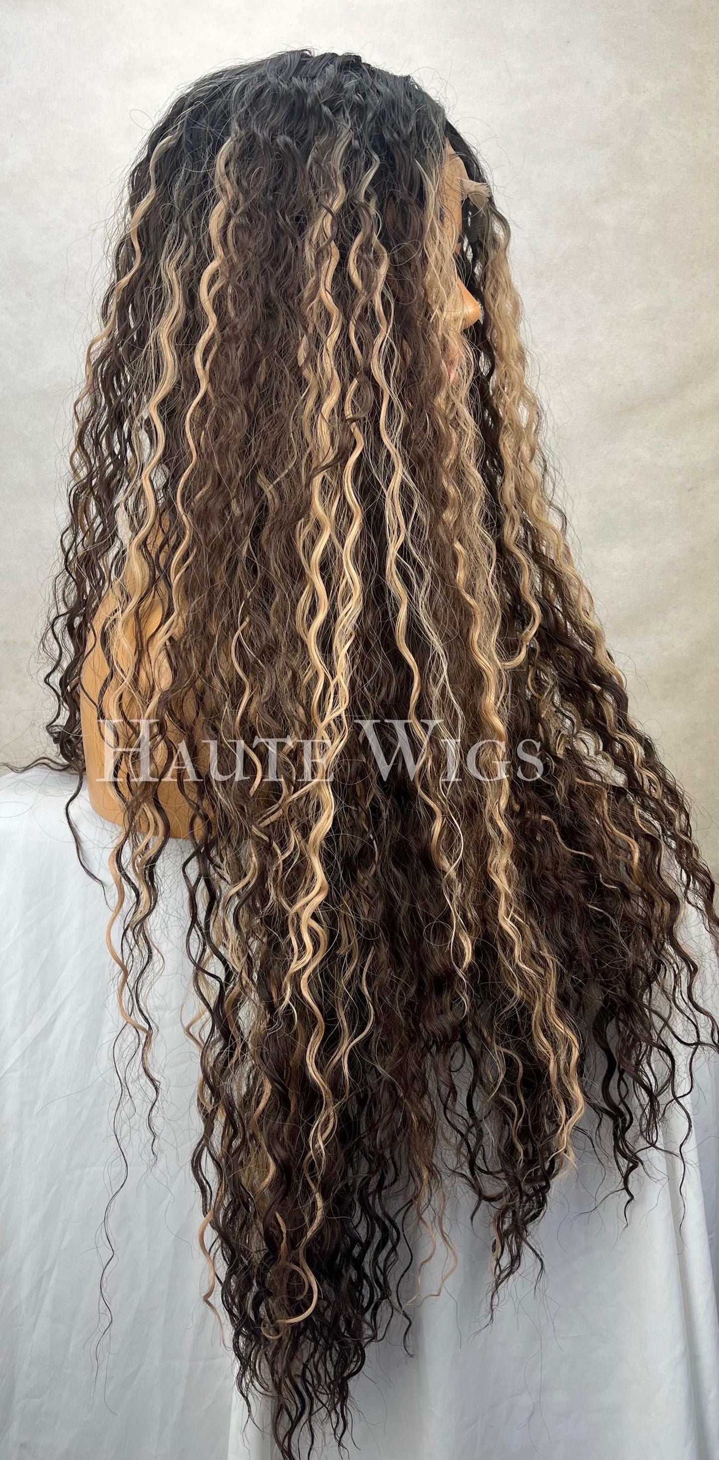 Mesmerised - Curly Perm Dark Brown Golden blonde Highlights Wig T part Lace Front Extra CURLY Water Waves Haute wigs costume wig or everyday