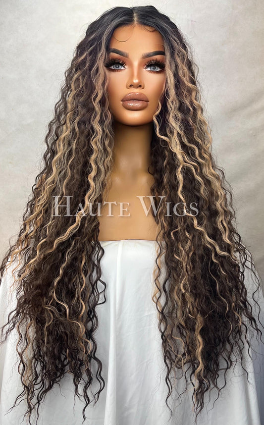 Mesmerised - Curly Perm Dark Brown Golden blonde Highlights Wig T part Lace Front Extra CURLY Water Waves Haute wigs costume wig or everyday