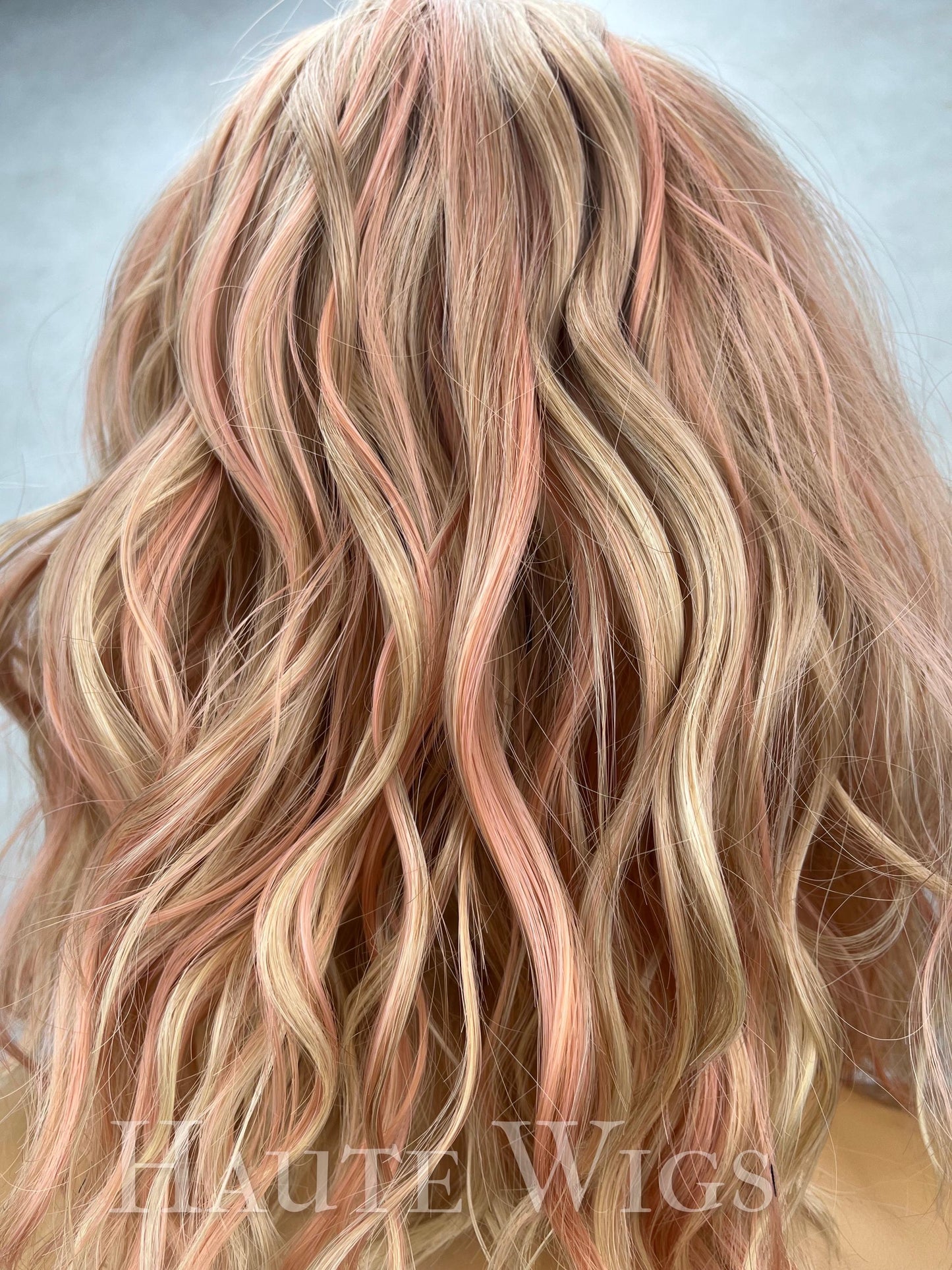 Ombre Peach Rose Gold Bob Wig: 14 Inch Wavy Synthetic Wig with Bangs