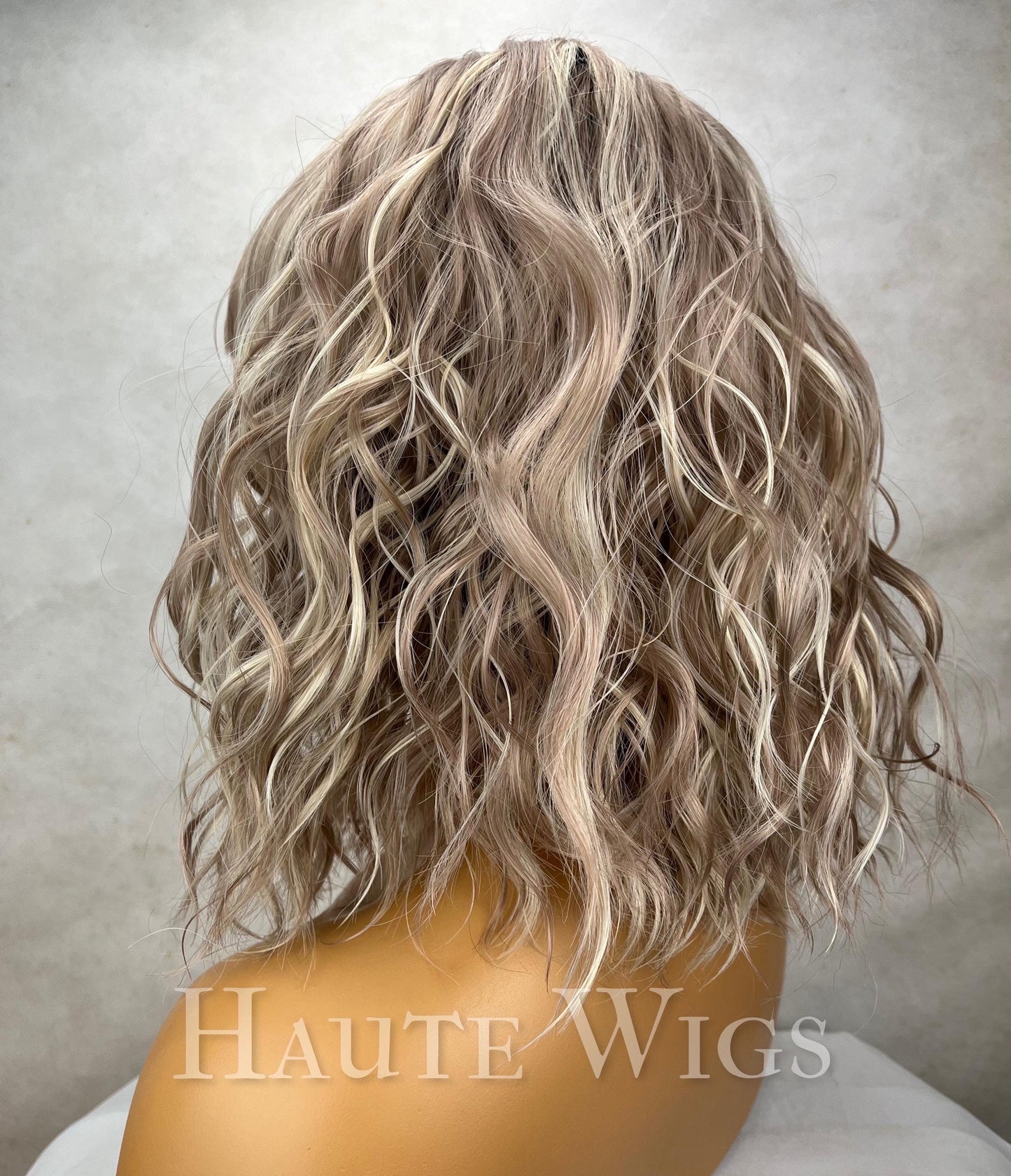 Ombre Ash Blonde Bob Wig: Short Wavy Wig with Bangs