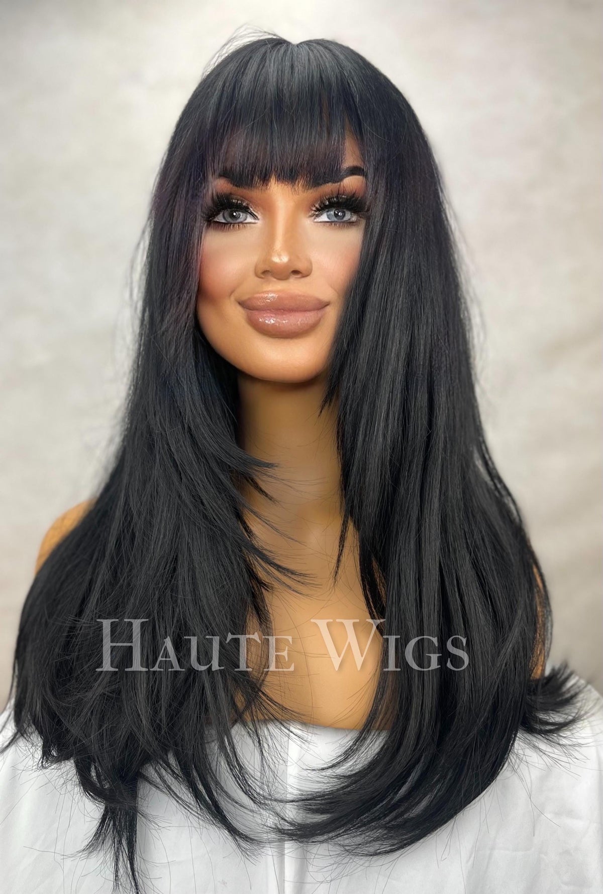 Black Wavy Wig with Bangs: 90s Inspired Synthetic Hair