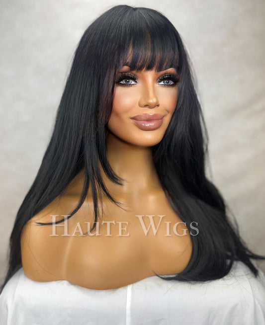 Black Wavy Wig with Bangs: 90s Inspired Synthetic Hair