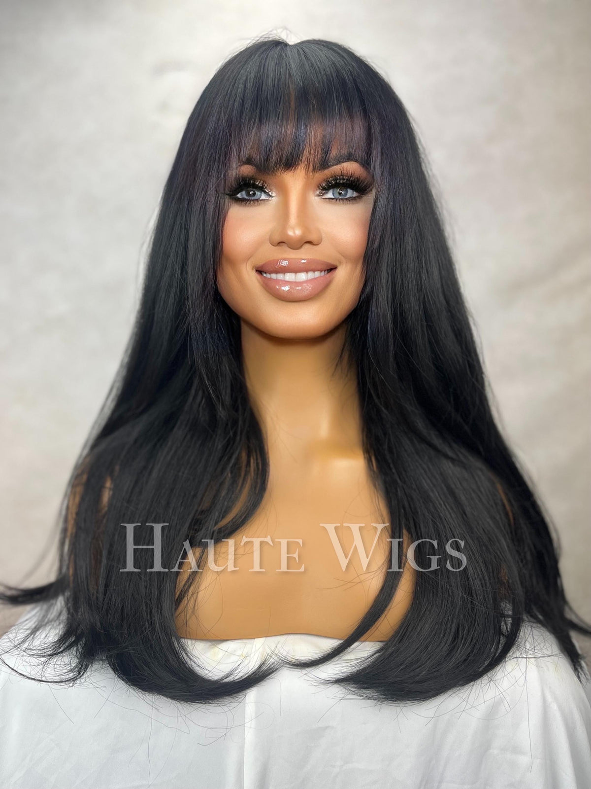 Black Wavy Wig with Bangs: 90s Inspired Synthetic Hair