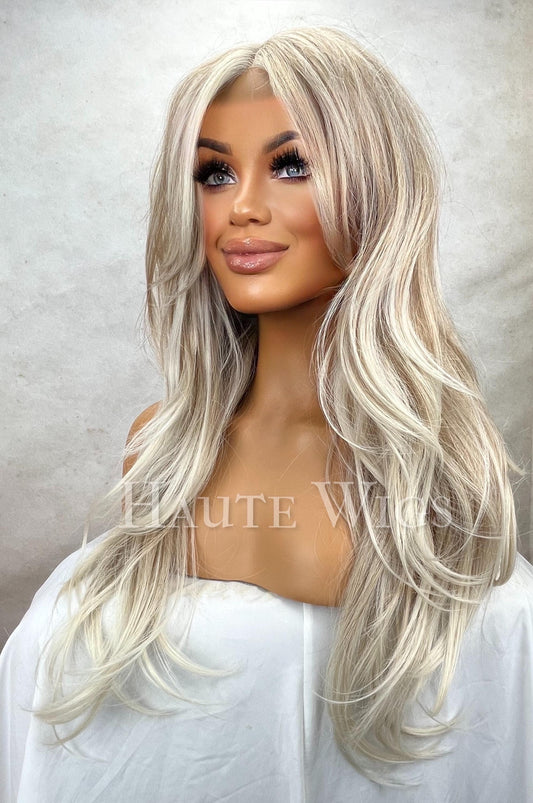 Cindy Ash Blonde White Balayage Highlights streaks 28 Inch Long Wig Layered Center Parting Low Density Lace Front Womens Haute Wigs