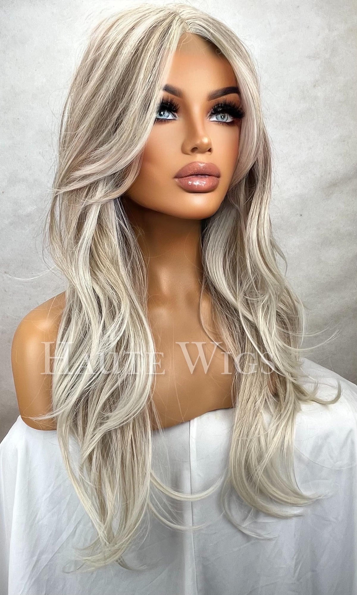 Cindy Ash Blonde White Balayage Highlights streaks 28 Inch Long Wig Layered Center Parting Low Density Lace Front Womens Haute Wigs